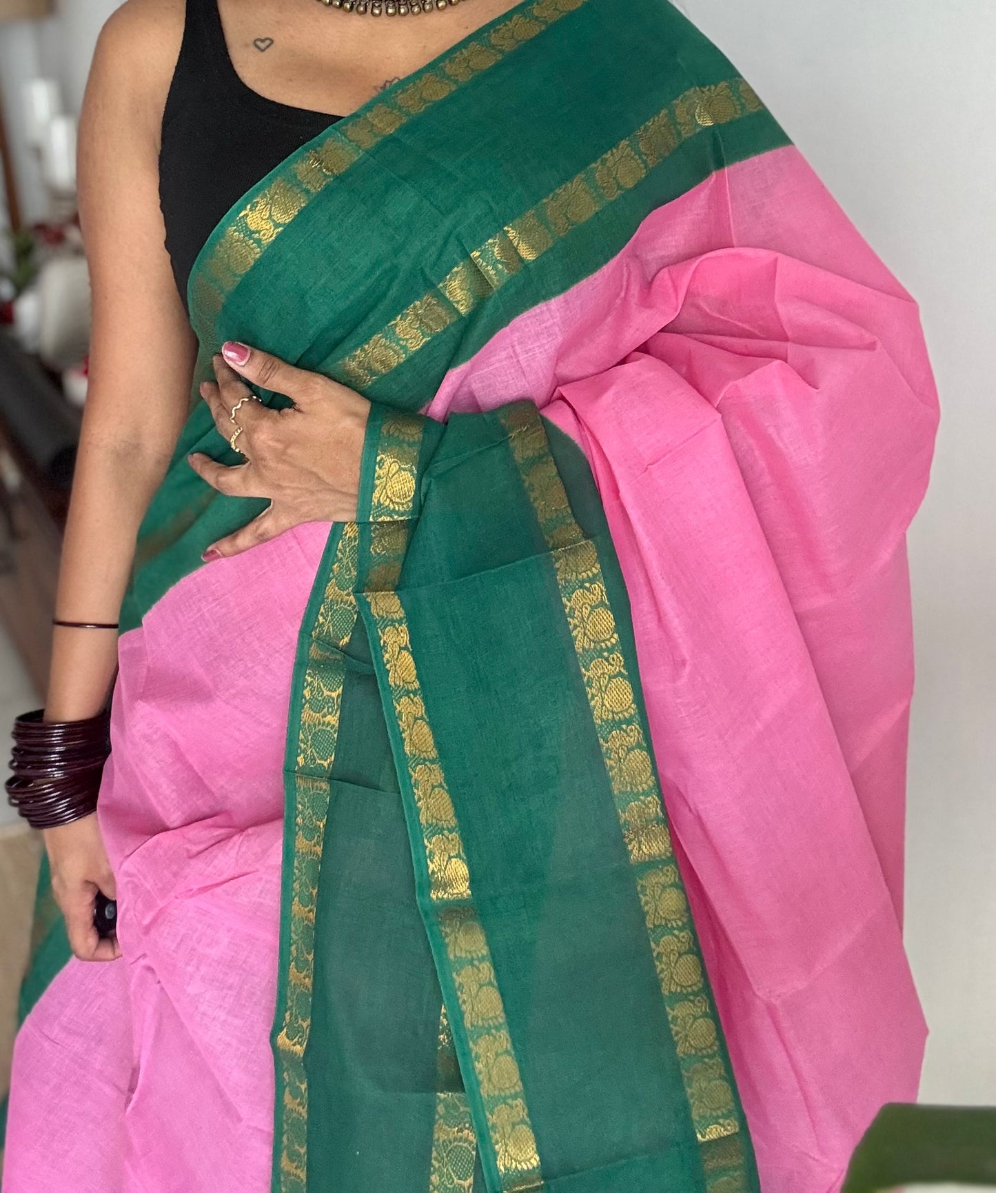Pink with bluish green rettaipettu peacock double border, madurai soft cotton - YCCOTNMSAP203
