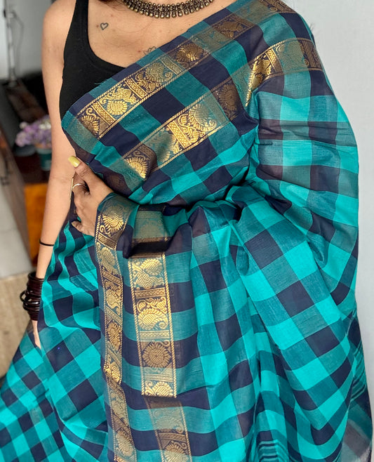 Turquoise and dark blue paalum pazhamum checkered kanchi cotton - YCCOTNKCDE81