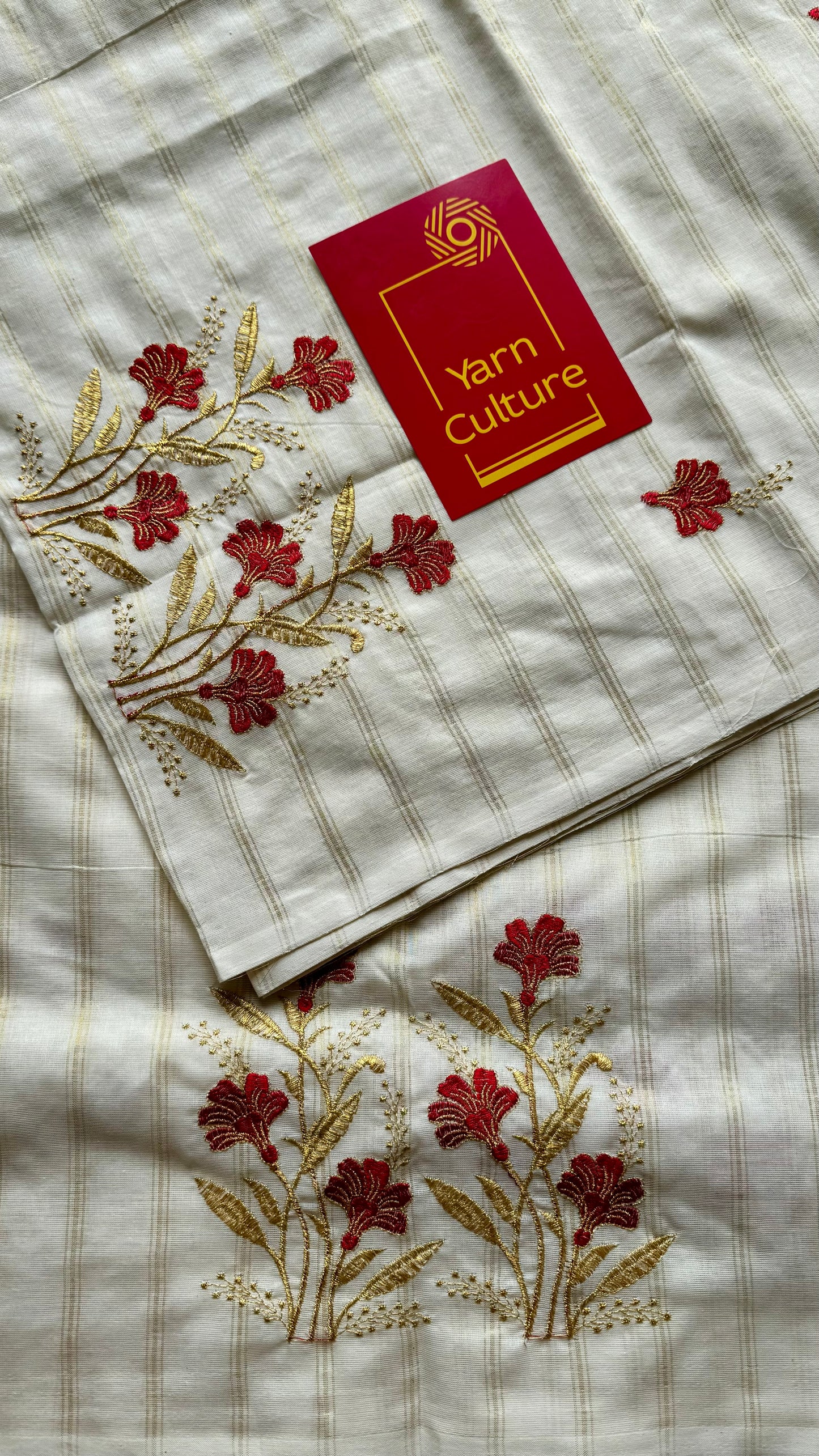 Ivory and gold soft cotton saree, red floral embroidery  - YCIEON52
