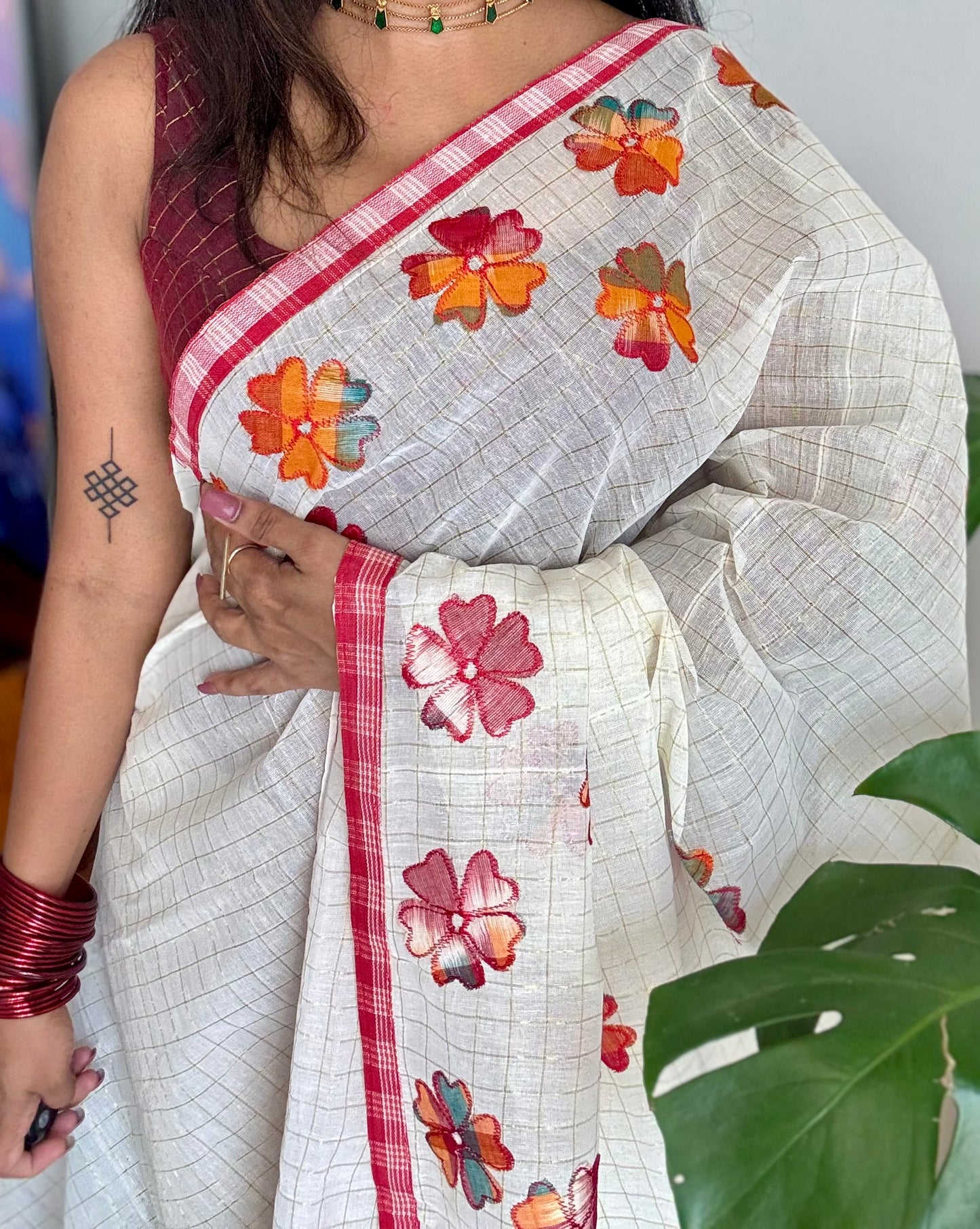 Ivory soft kota saree, with applique floral work - YCIEON88