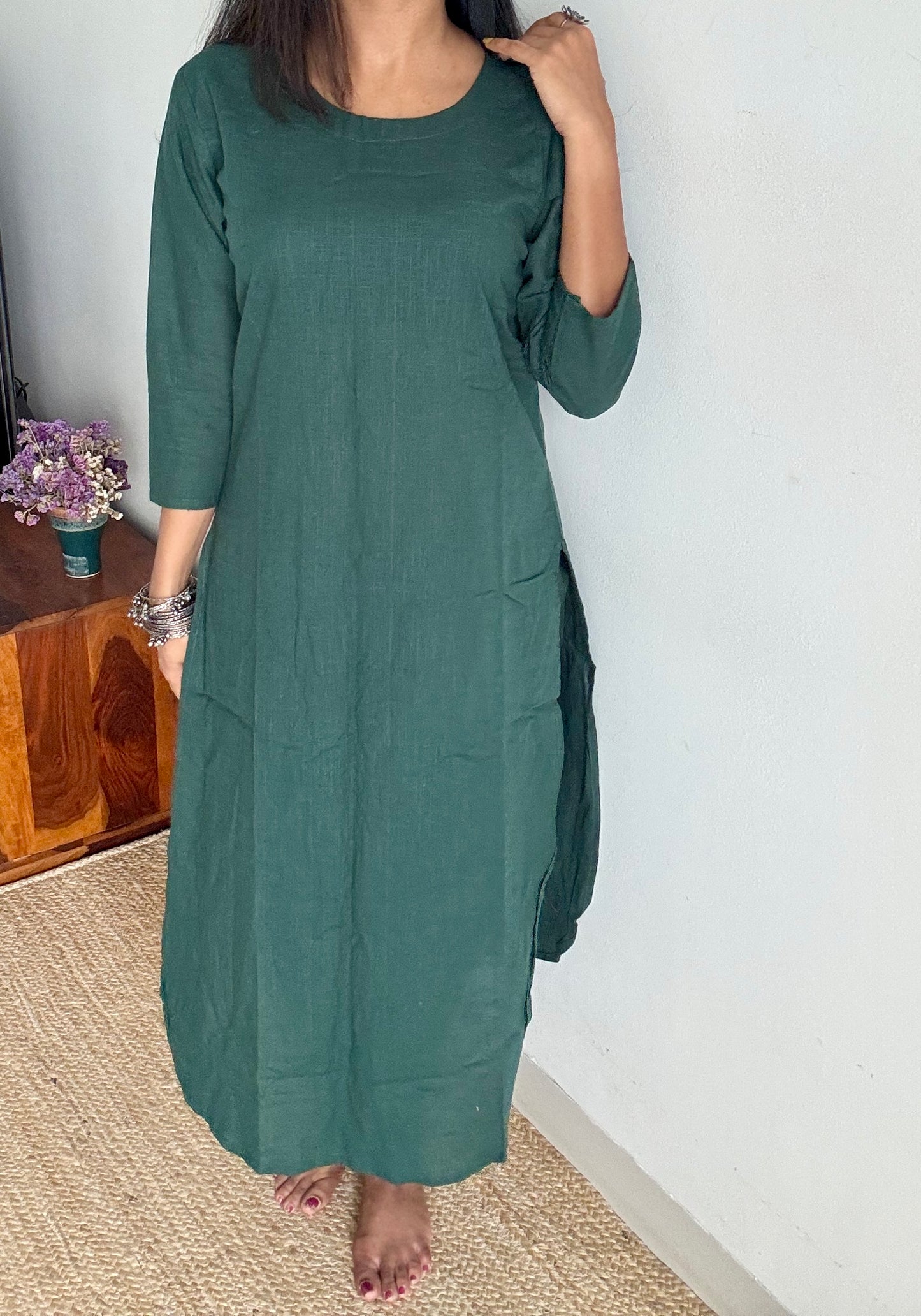 Dark green cotton round-neck stitched kurta co-ord set, three-fourth sleeves - YCSEBPSFE248