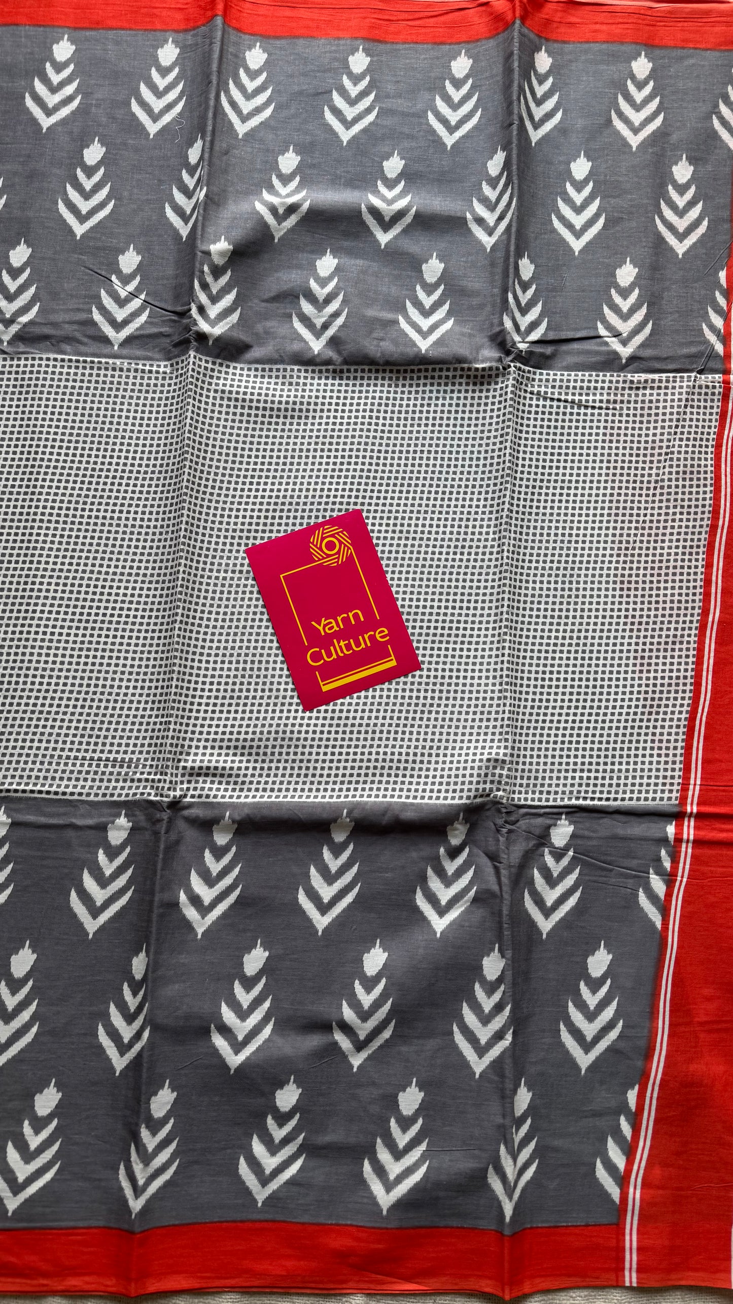 Grey with red border, white motifs, soft cotton saree - YCTORCMA07