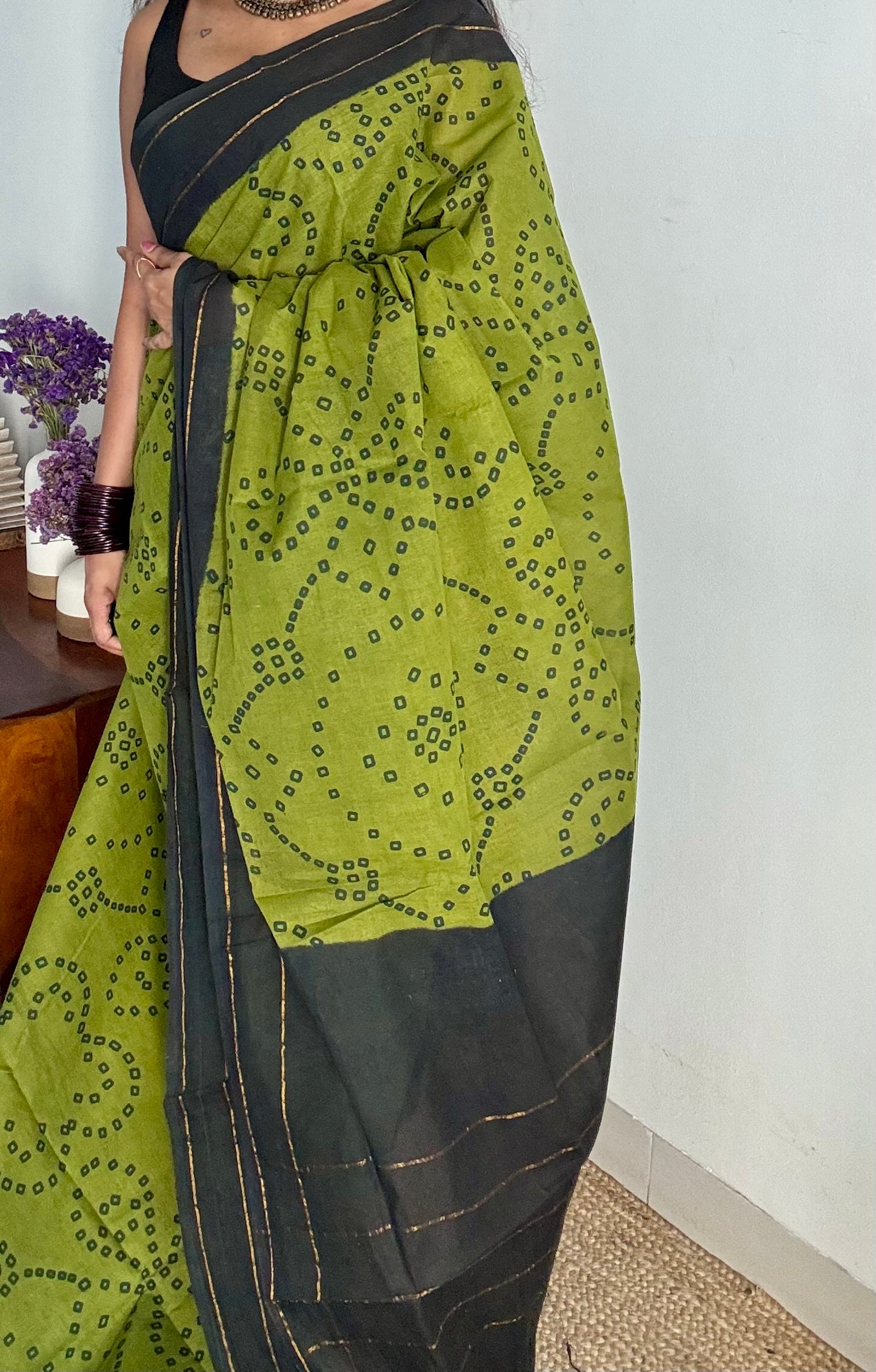 Green with black contrast, kattuchayam dyed madurai cotton saree - YCCOTNMA236