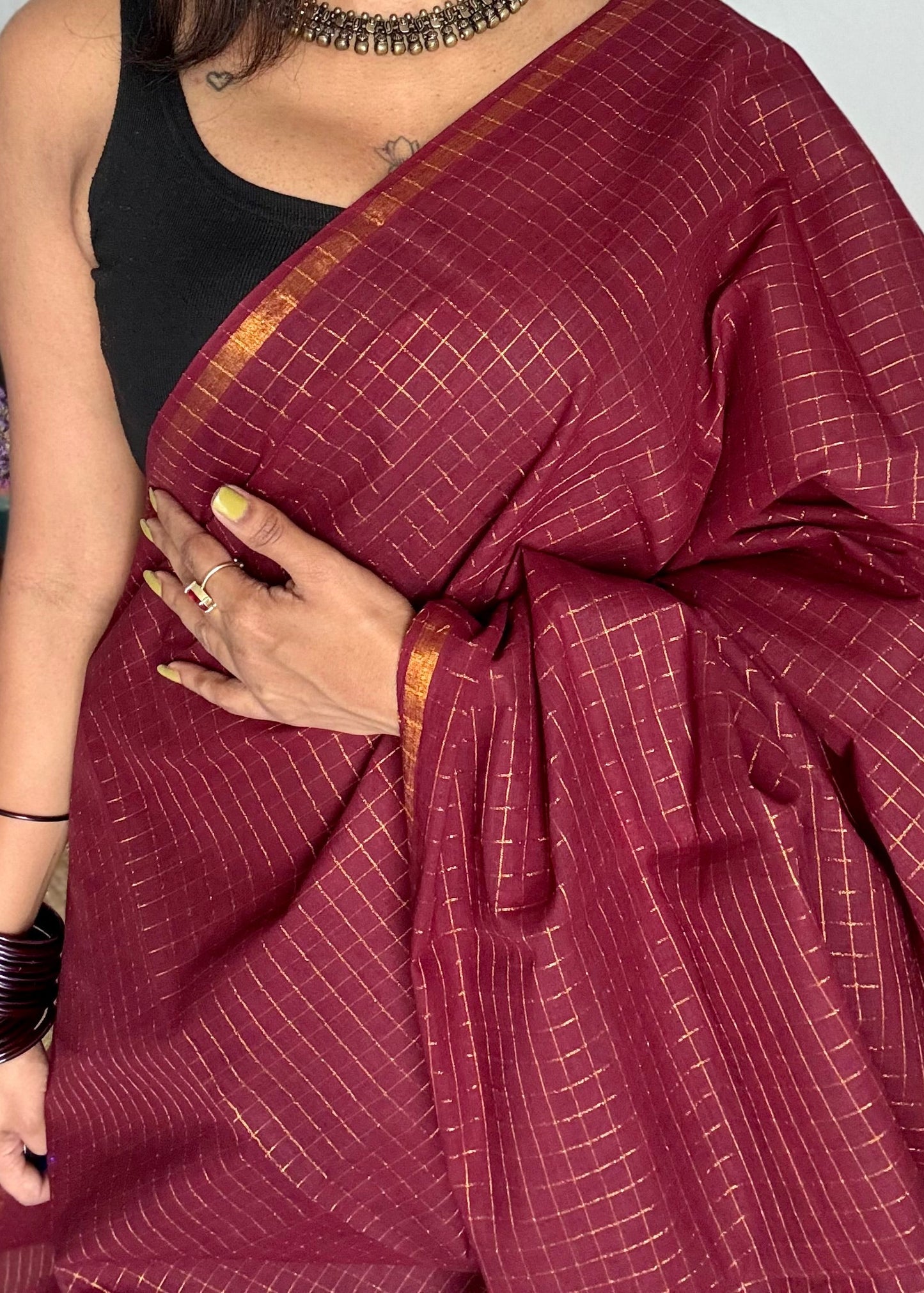 Maroon mini kattam kattuchayam dyed madurai cotton saree - YCCOTNMSFE107