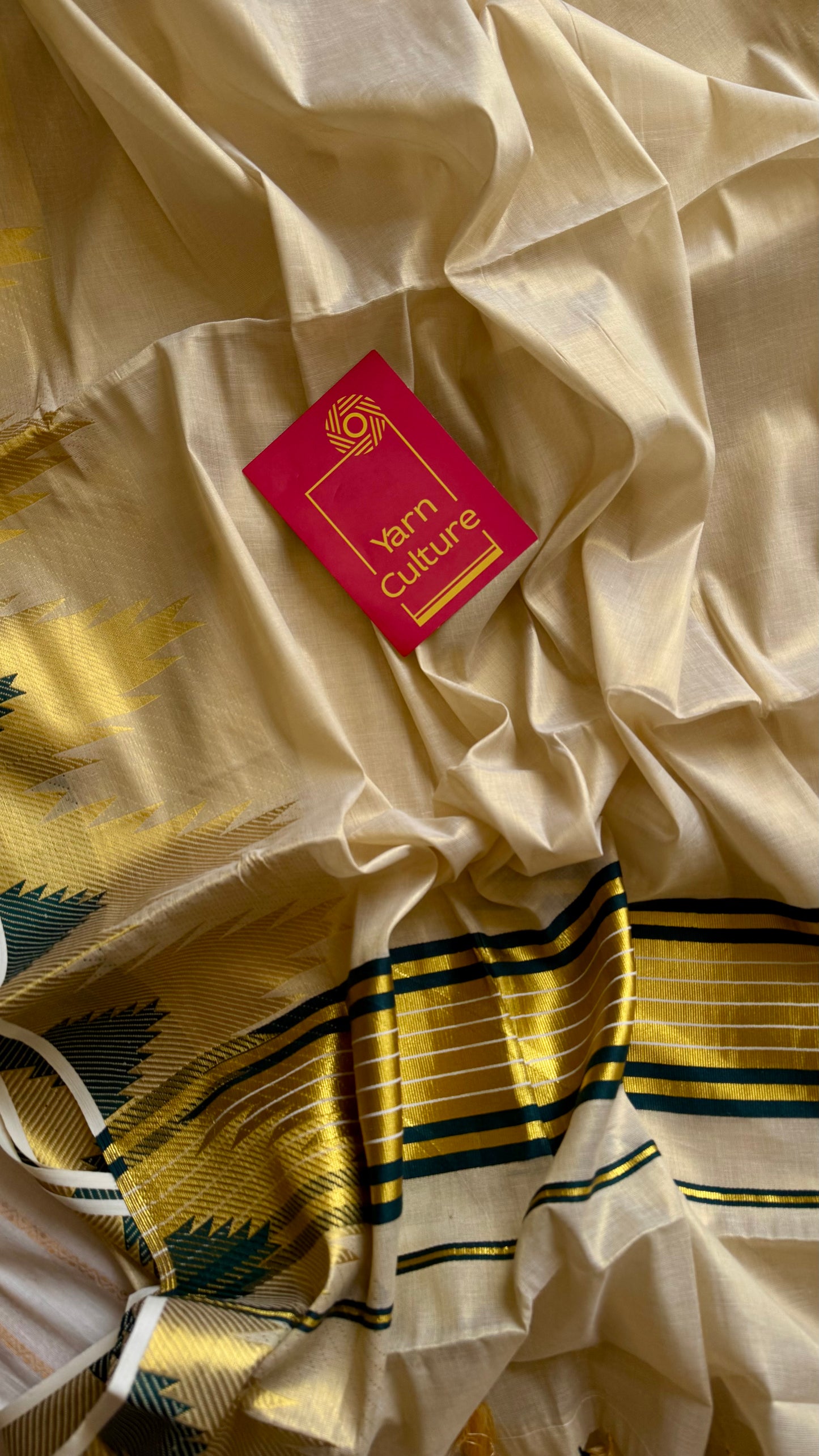Ivory and gold kerala kasavu saree, dark green temple border - YCIEON47