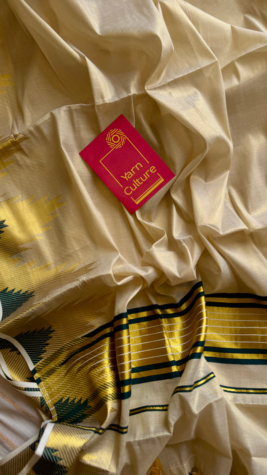 Ivory and gold kerala kasavu saree, dark green temple border - YCIEON47