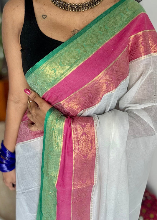 White mul with hot pink, green zari patterned border - YCBCMCLSE46
