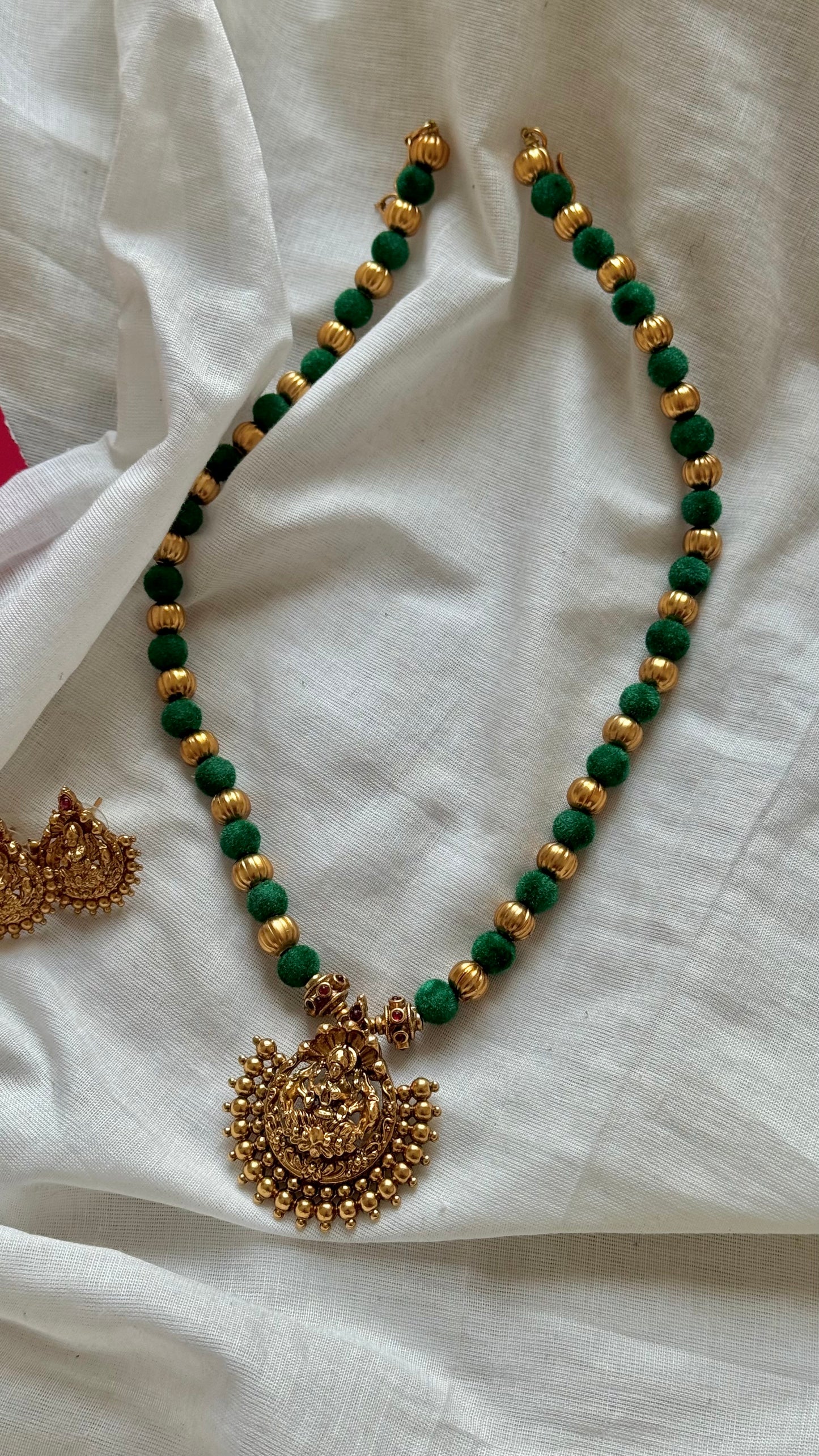 Green with gold beads, temple pendant in antique gold finish neckpiece - YCGPNP656