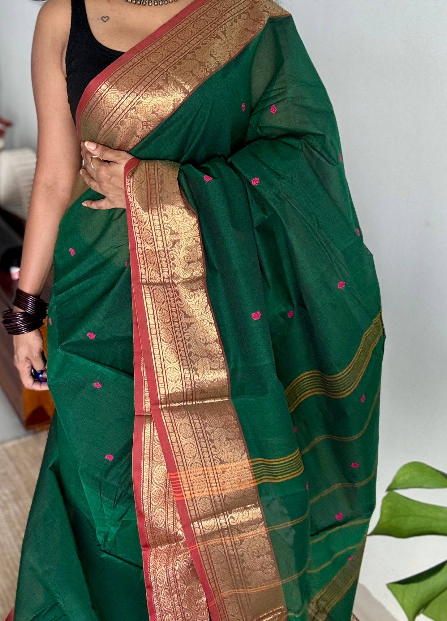 Dark green and brick red contrast, kanchi cotton saree - YCCOTNMA323