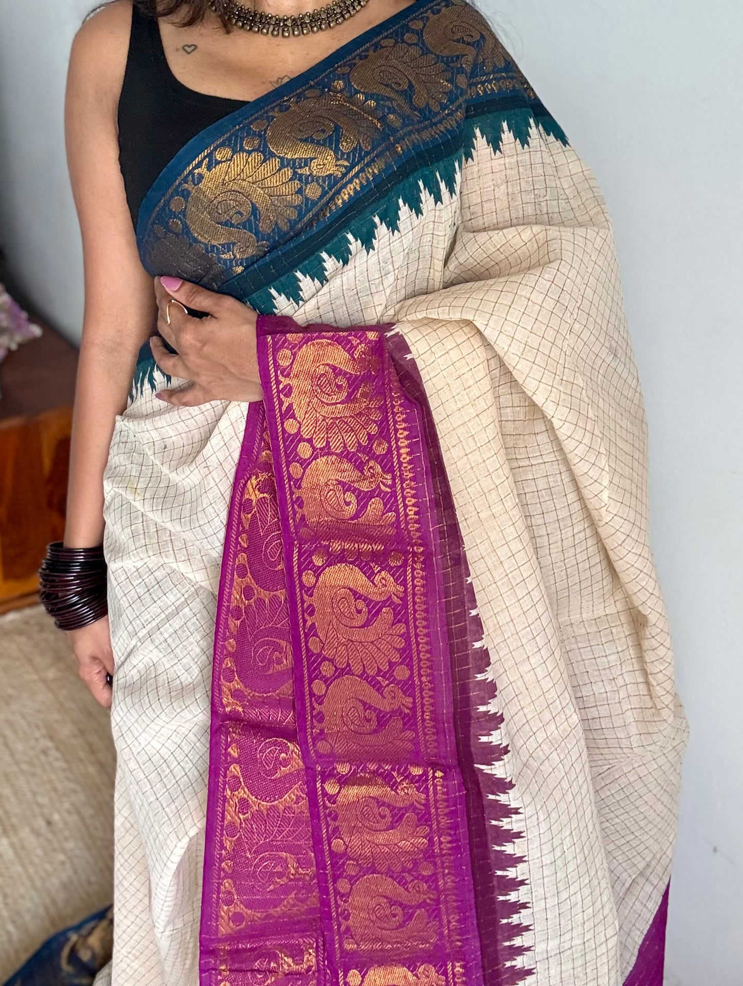 Sungudi cotton checks, ivory gold base, teal and magenta dual tone border, soft cotton - YCCOTNGJJA177