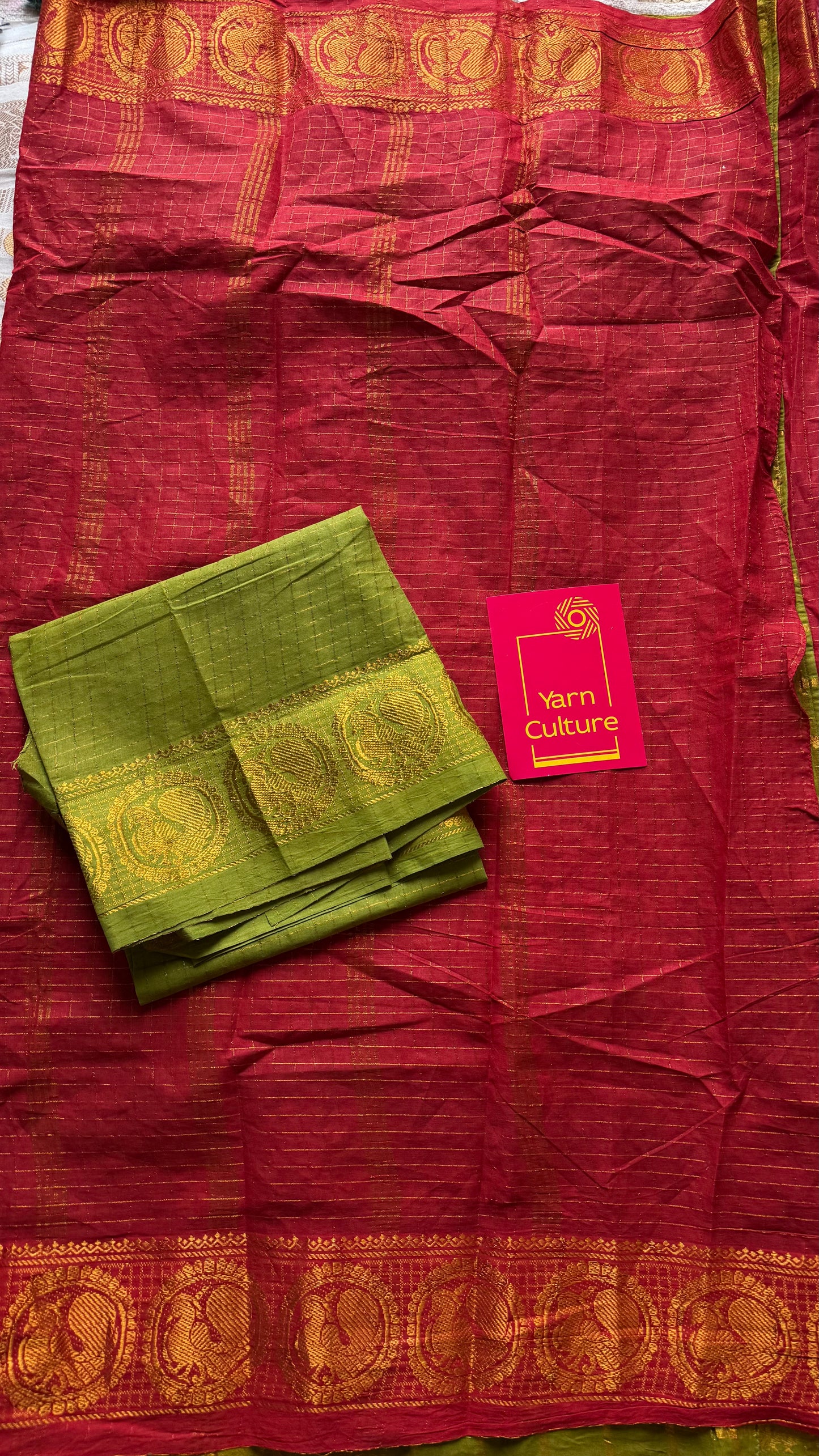 Chilli red with green with checks, sungudi cotton half-half saree - YCCOTNIDMA283