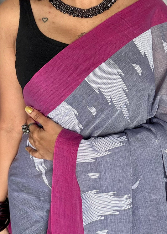 Cool grey with purple pink borders, temple motif woven threadwork, soft cotton - YCBCMKCDE30