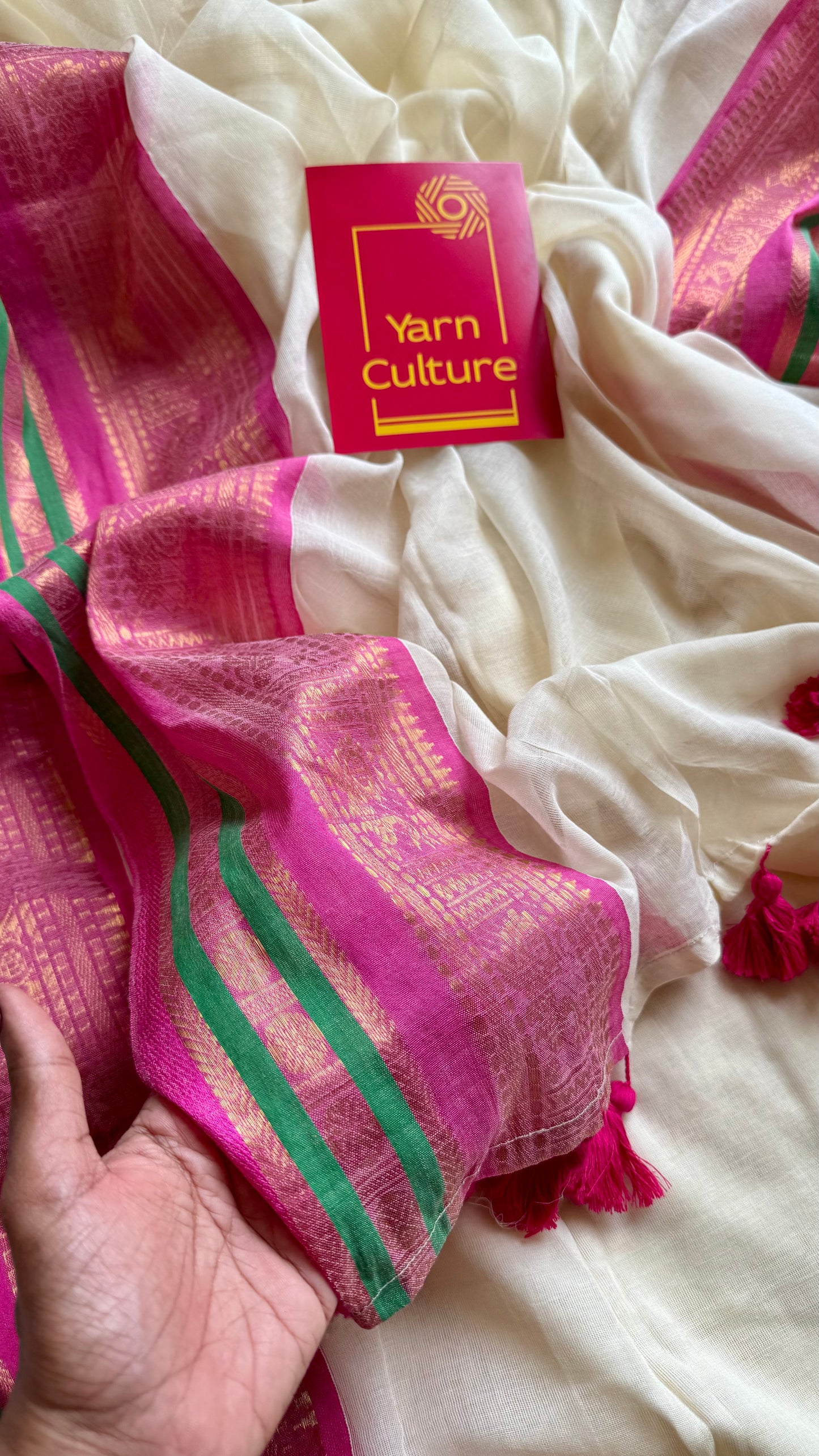 Ivory mul saree, magenta and green kanchi border - YCIEON10