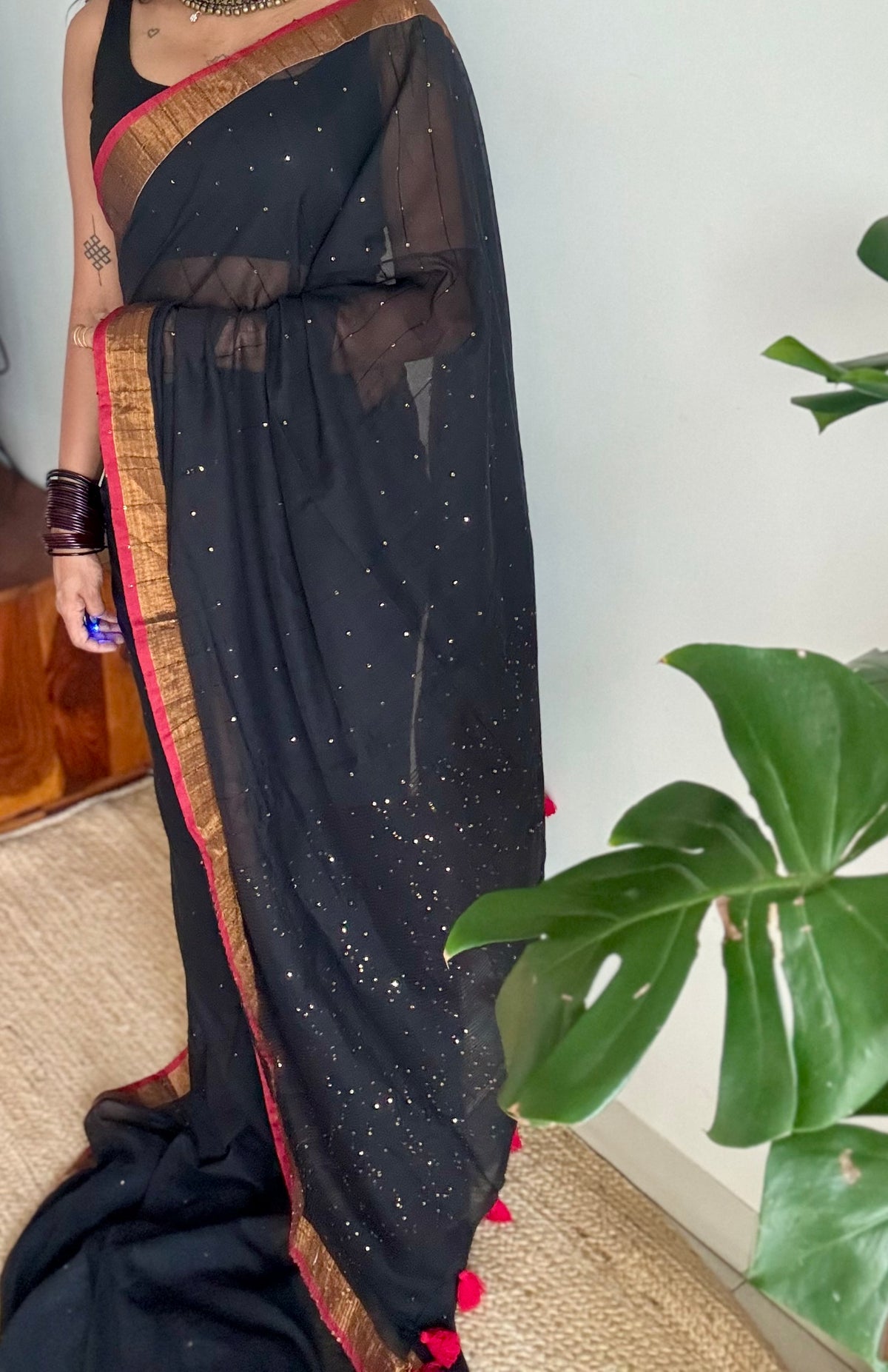 Black mul cotton saree with sequins and zari border - YCBCMCSE29