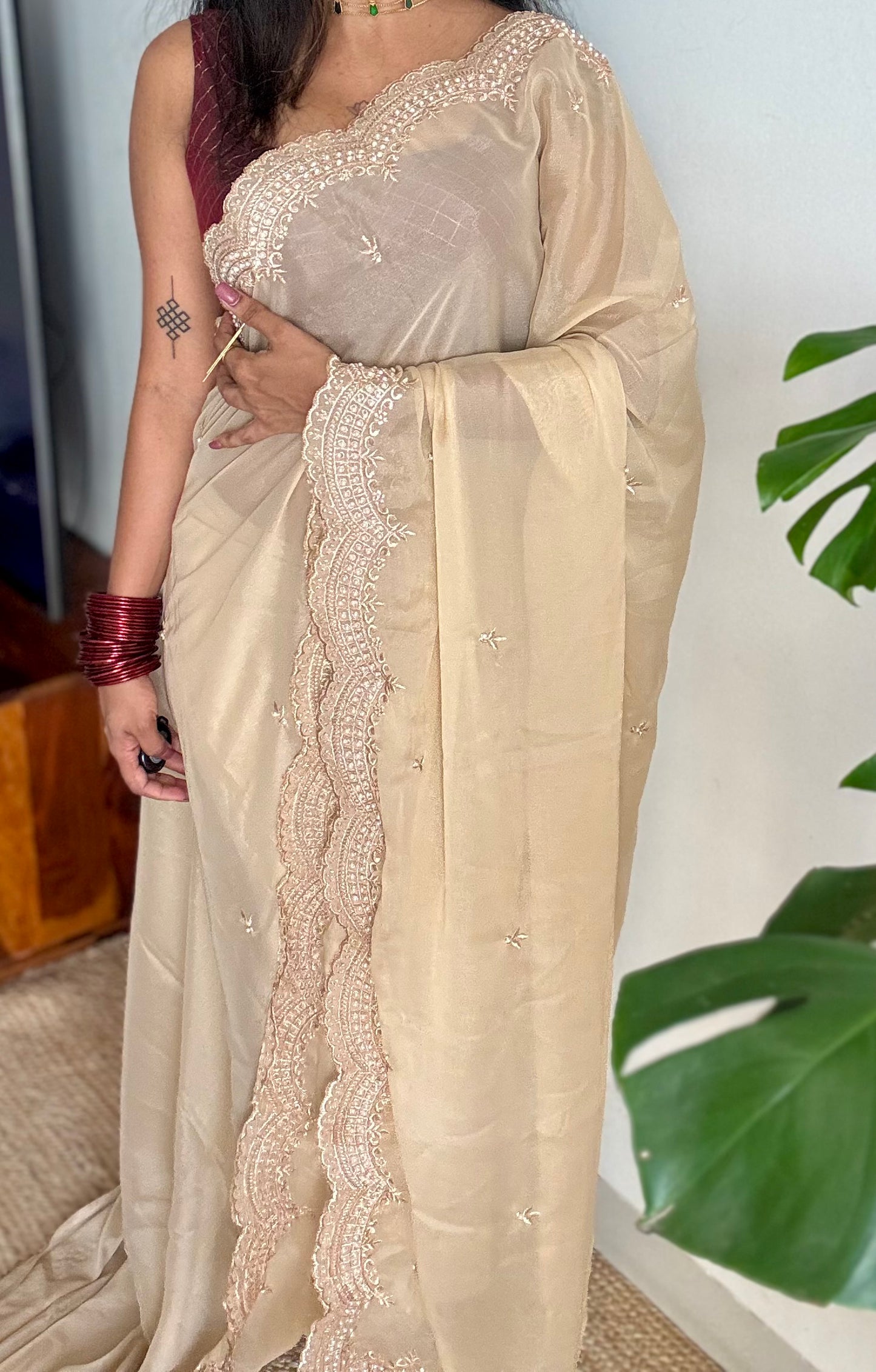 Gold soft chiffon saree, with pearl embellished border - YCIEON85