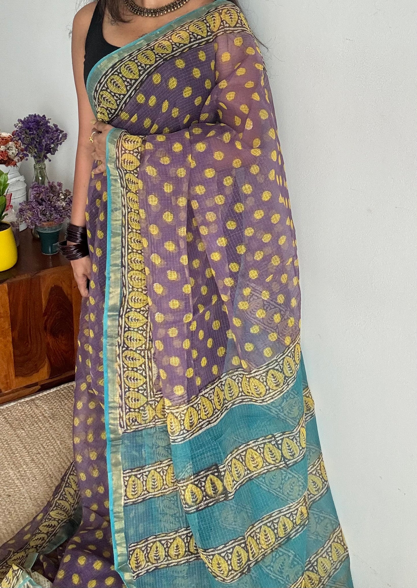 Jamun Gola - Purple with yellow kota doria, with gold zari border - YCTORKDAP13