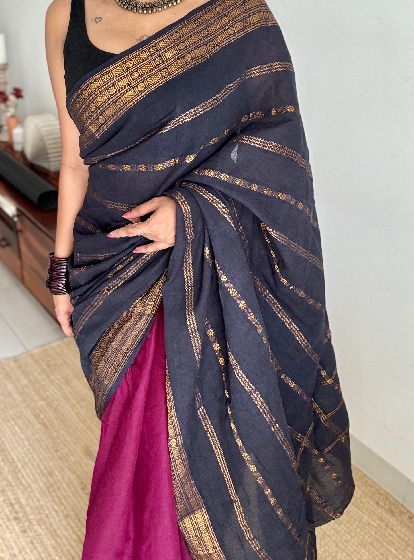 Black and dark vadamalli (purple pink), sungudi cotton half-half saree - YCCOTNIDMA296