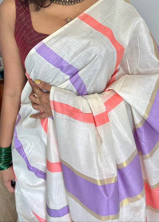 Ivory Kerala cotton saree with lilac and peach stripes - YCIEKCFE304
