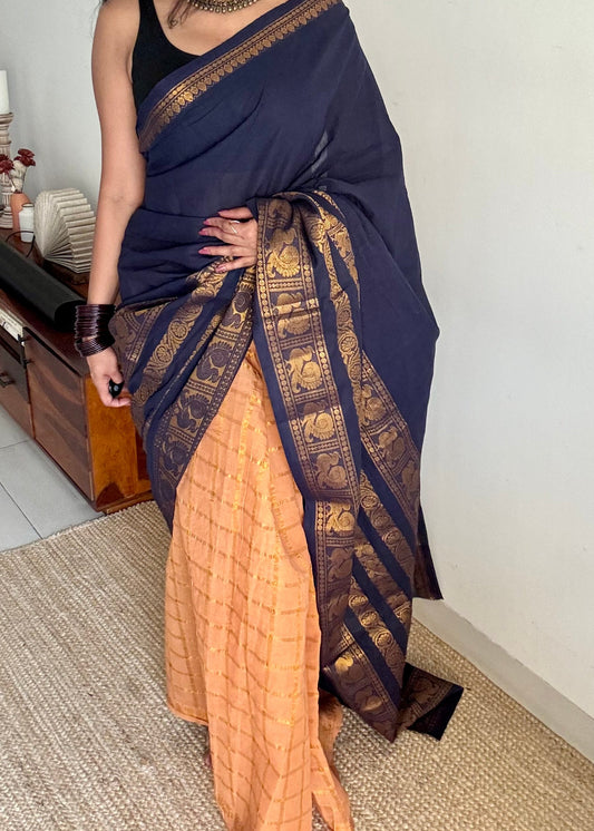 Dark blue with musk, sungudi cotton half-half saree - YCCOTNIDMA318