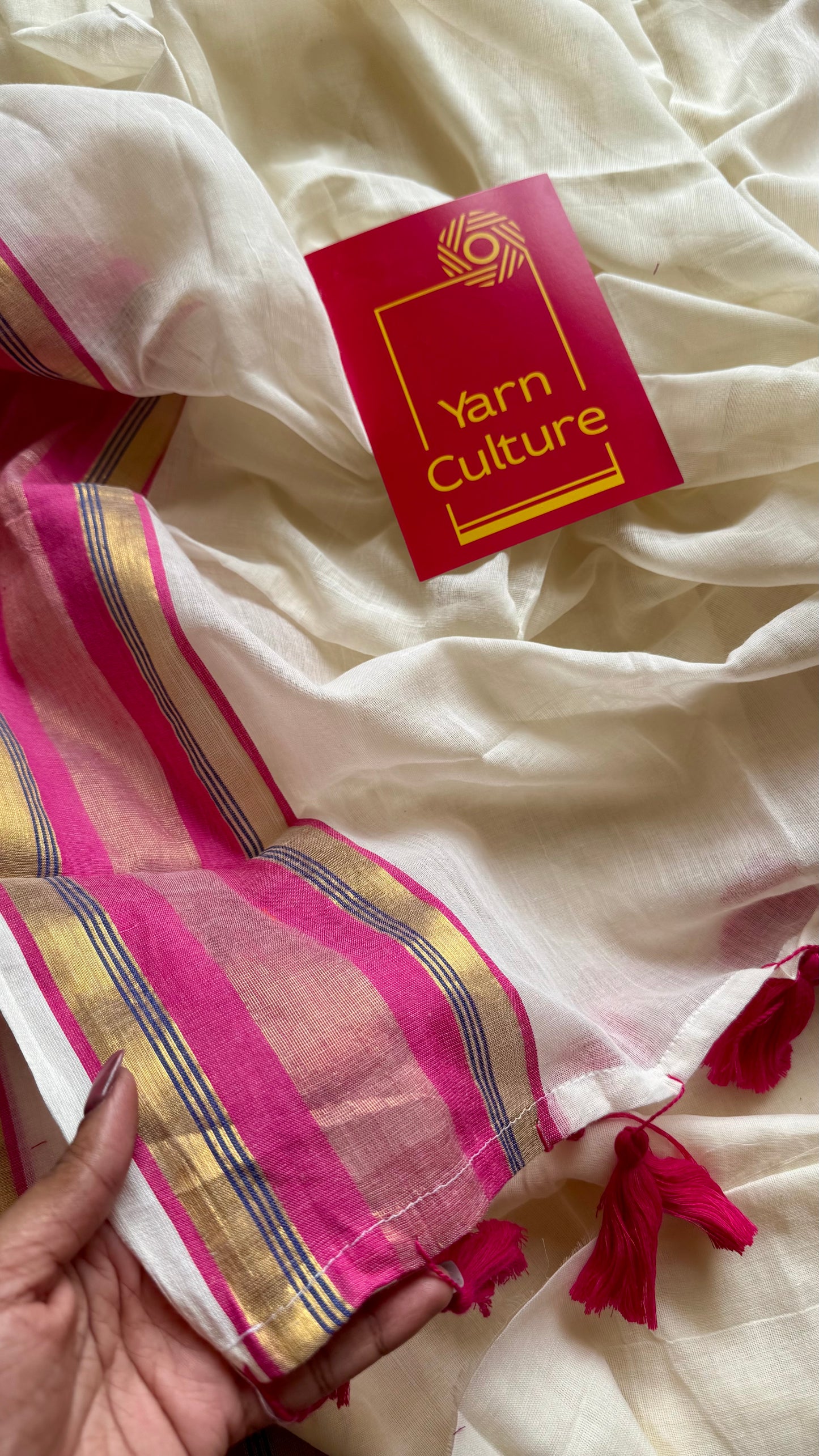 Ivory mul saree, hot pink and gold border  - YCIEON25