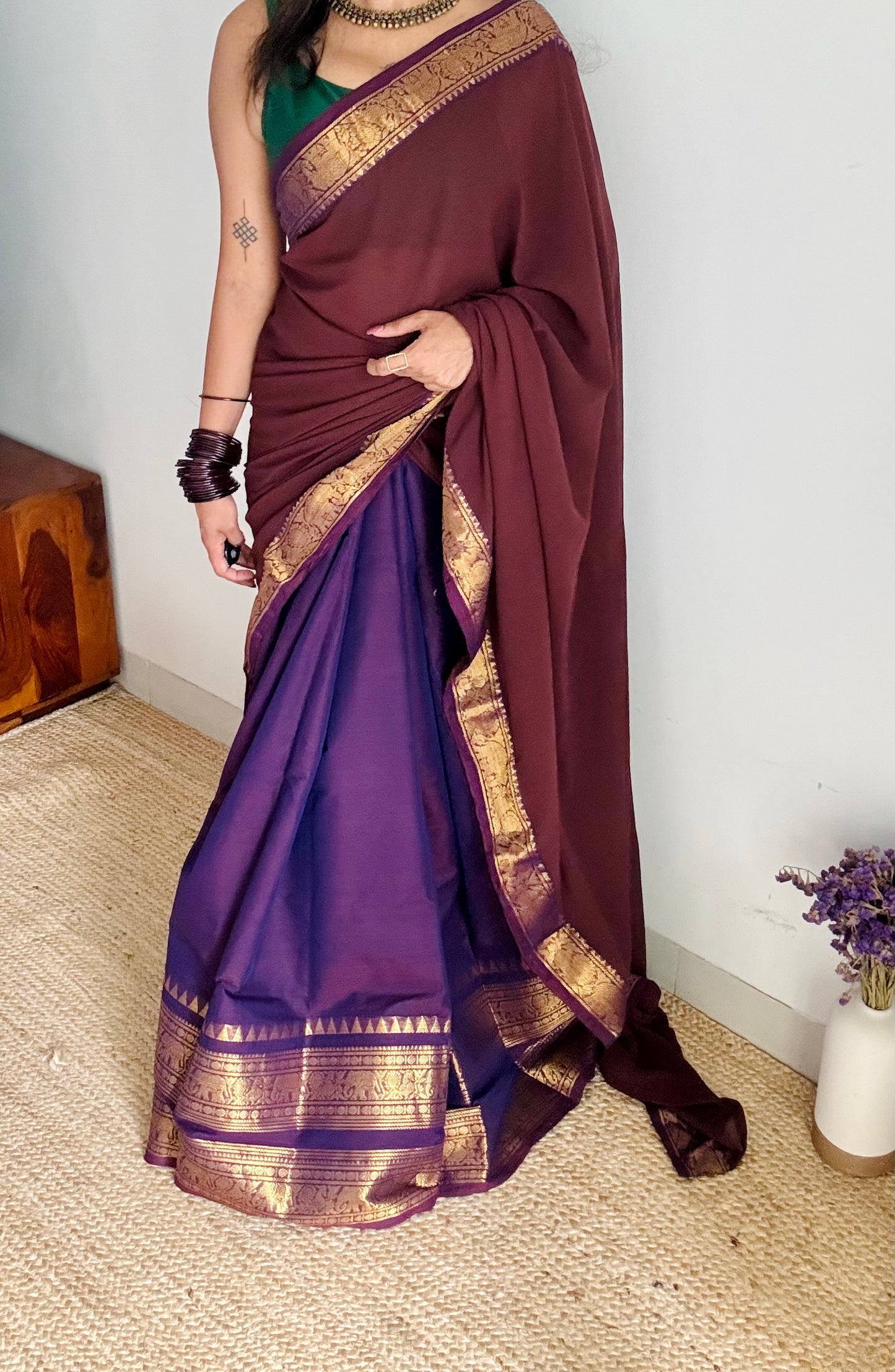 Purple - Brown unstitched half saree material (dhavani), kanchi cotton - YCIEHS207