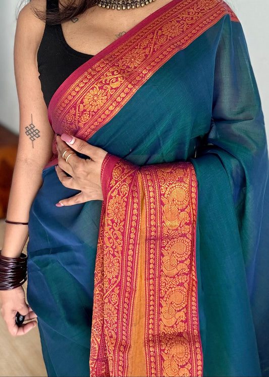Peacock blue with dark pink wide border, narayanpet soft cotton saree - YCWOTDAUG02
