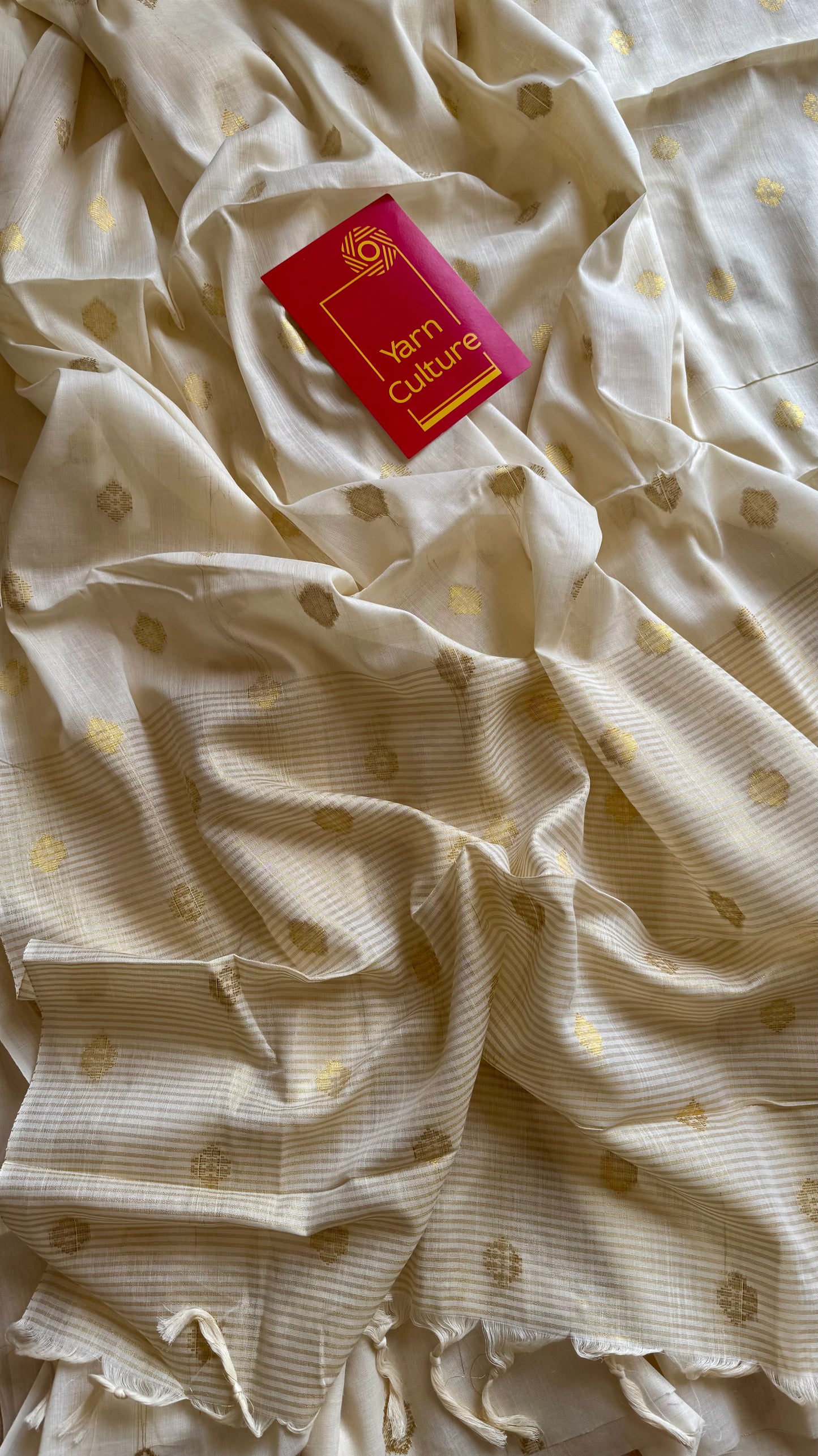 Ivory and gold kerala saree with woven buttas, striped pallu - YCIEON43