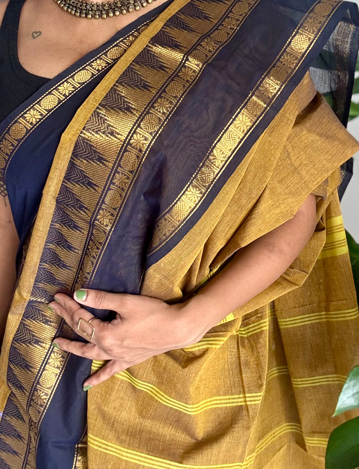 Mustard yellow with black gap zari border, kanchi cotton saree - YCCOTNCCOC118