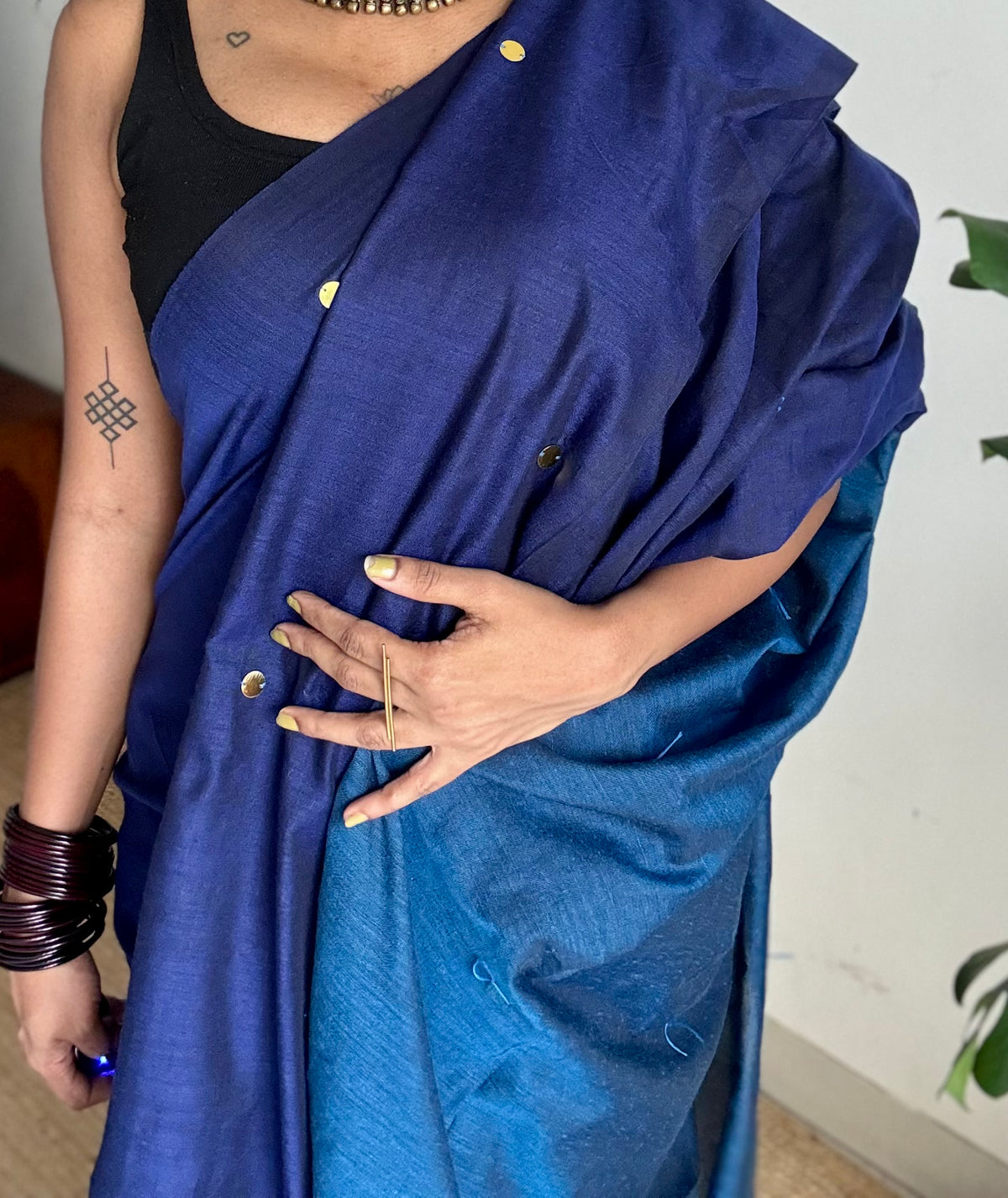 Dark blue with peacock blue contrast pallu, gini sequins, soft cotton saree - YCBCSCOC05