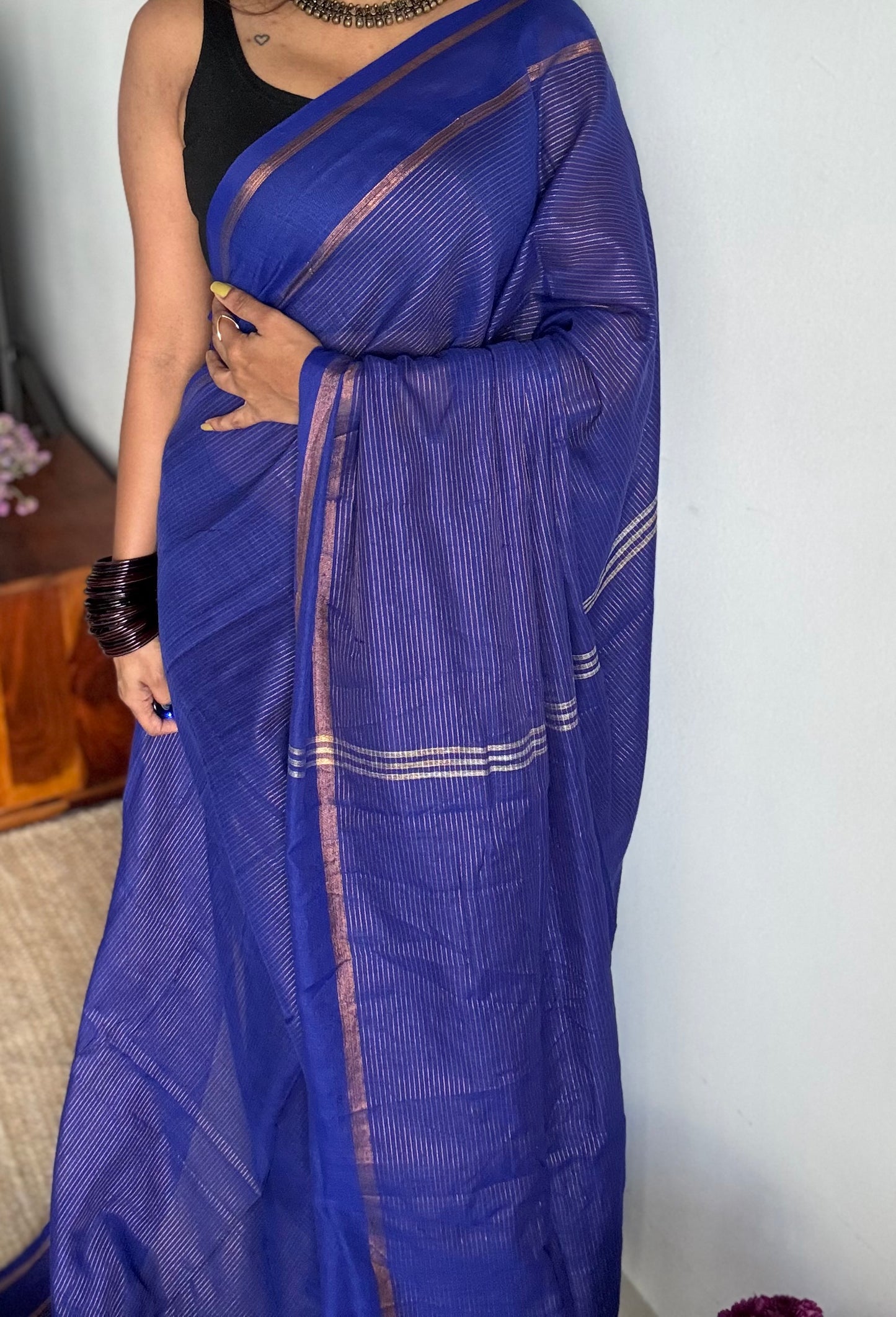 Royal blue, gap border, gold zari stripes, soft cotton - YCBCKCZDE120