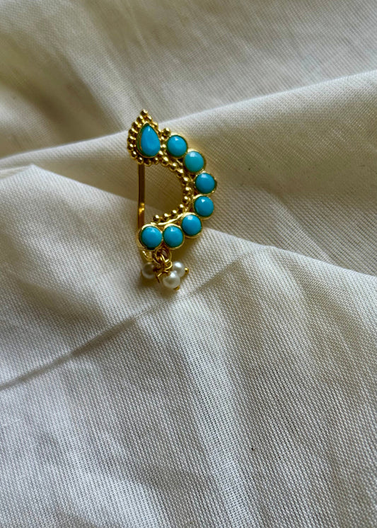 Gold plated, turquoise coloured stone, clip on Maharashtrian nath - YCGPNC204