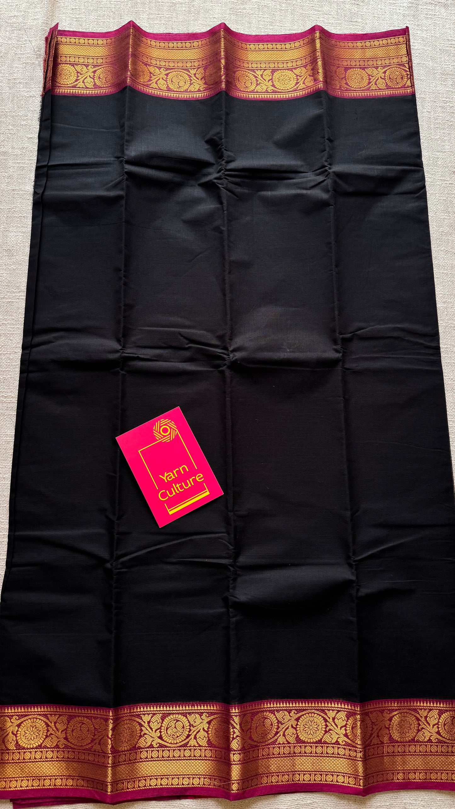 Black with magenta gold zari border Chettinad cotton saree - YCCOTNCCFE156