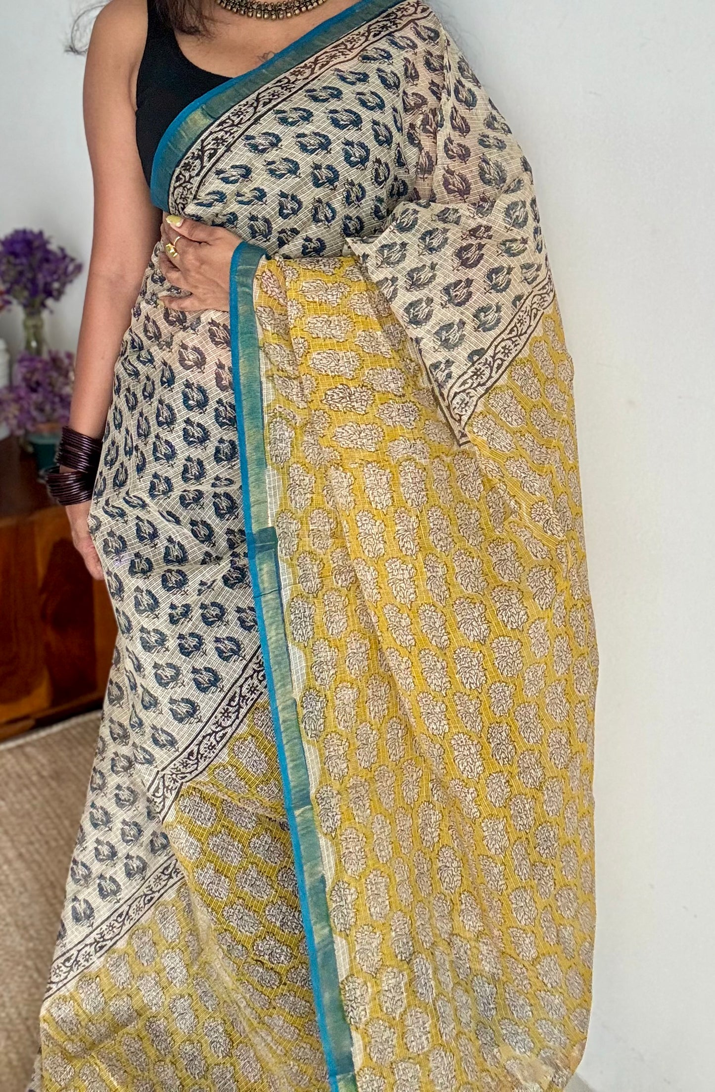 Pina Colada - Ivory with yellow kota doria saree, with gold zari border - YCTORKDAP12