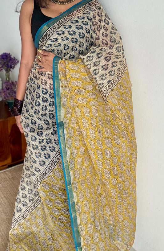 Pina Colada - Ivory with yellow kota doria saree, with gold zari border - YCTORKDAP12