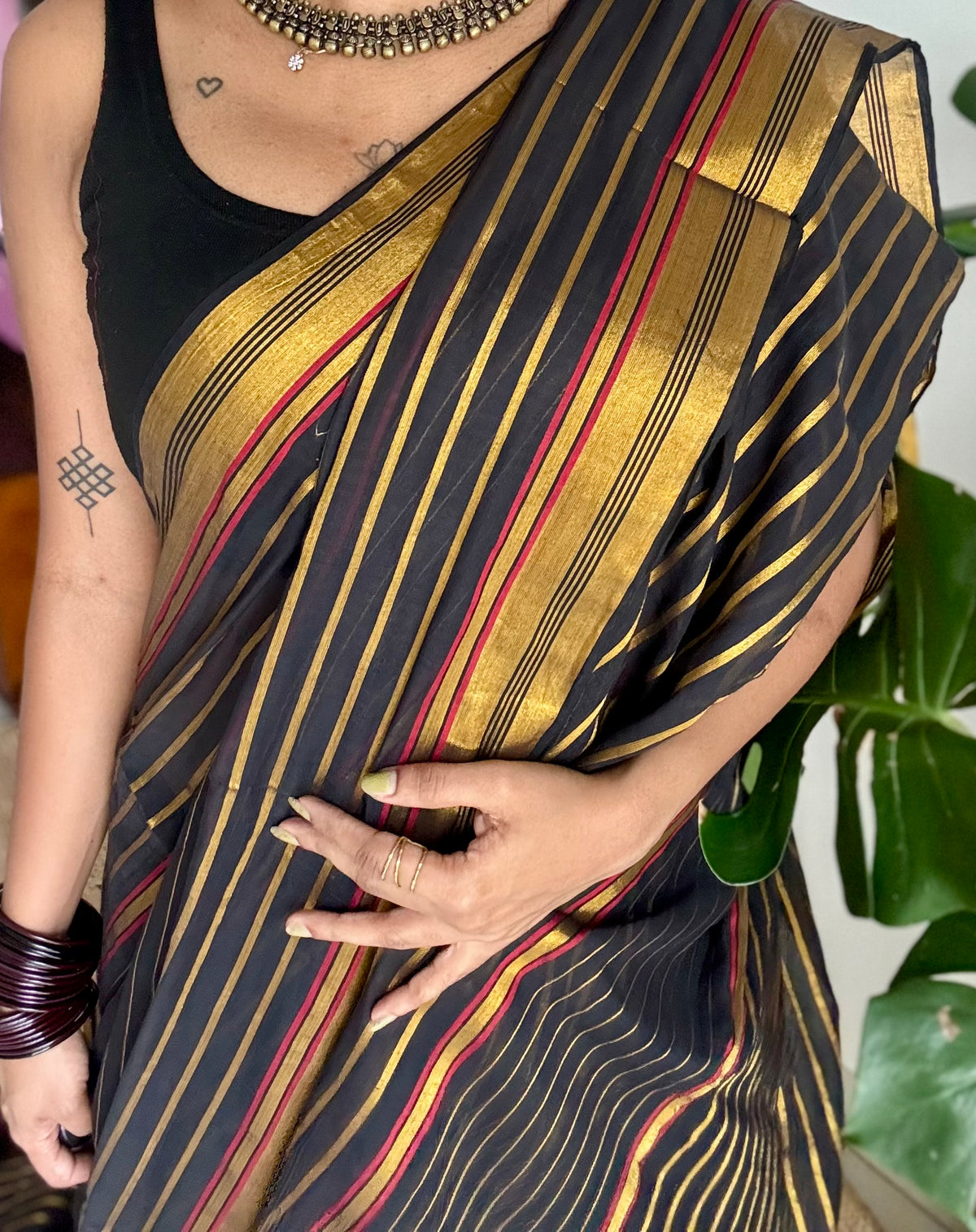 Black mul cotton saree with gold and maroon zari stripes - YCBCMCSE27