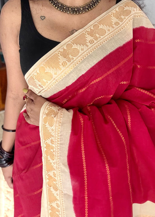 Red with cream veldhaari, kattuchayam dyed, madurai cotton - YCCOTNSEMS91