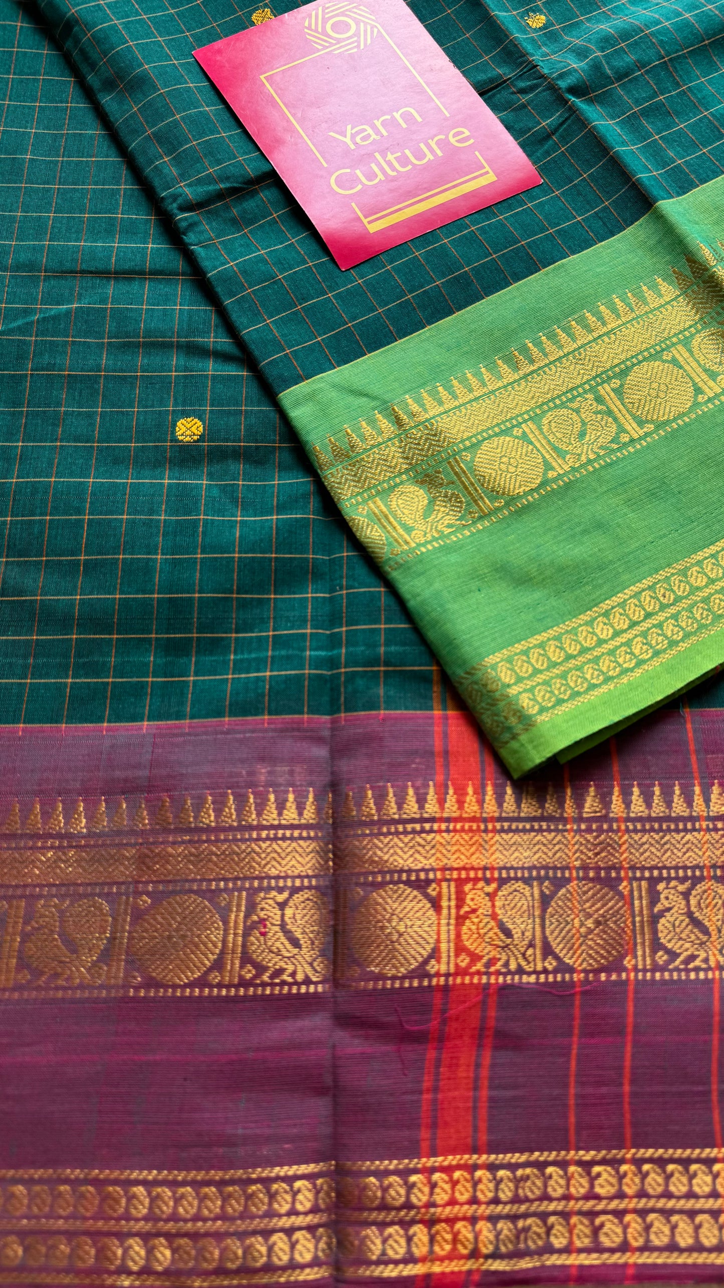 Kanchi cotton saree, green checks with wine and bright green dual toned border - YCCOTNAP76