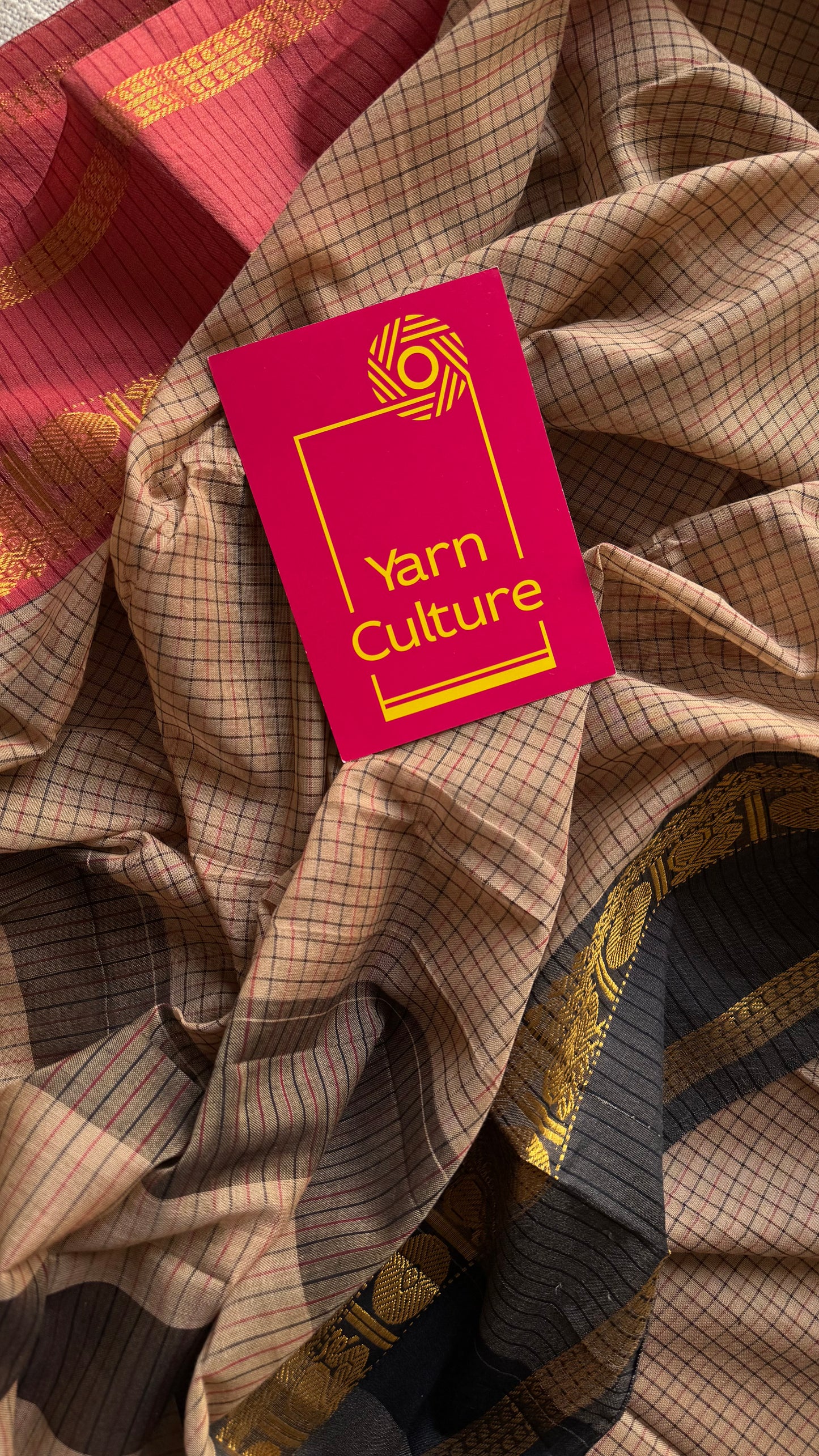 Grey checks with black and light red ganga jamuna borders, premium narayanpet soft cotton - YCWOTDNPJA154