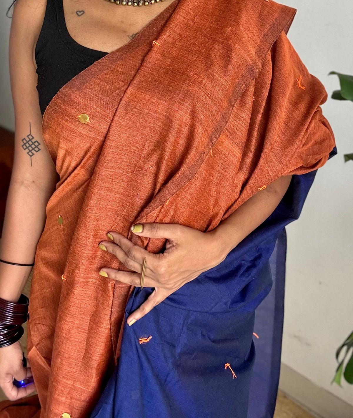 Orange with blue contrast pallu, gini sequins, soft cotton saree - YCBCSCOC08
