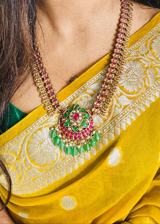 Long haram ruby, green stones and beads, coin pendants, with earrings - YCGPNP682