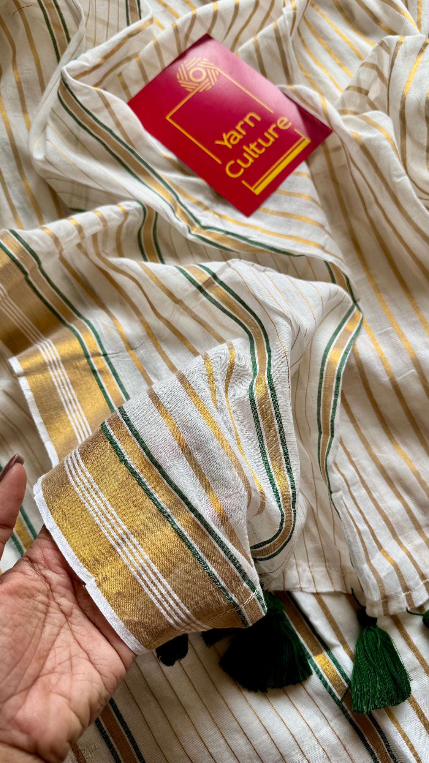 Ivory mul saree, green and gold stripes - YCIEON05