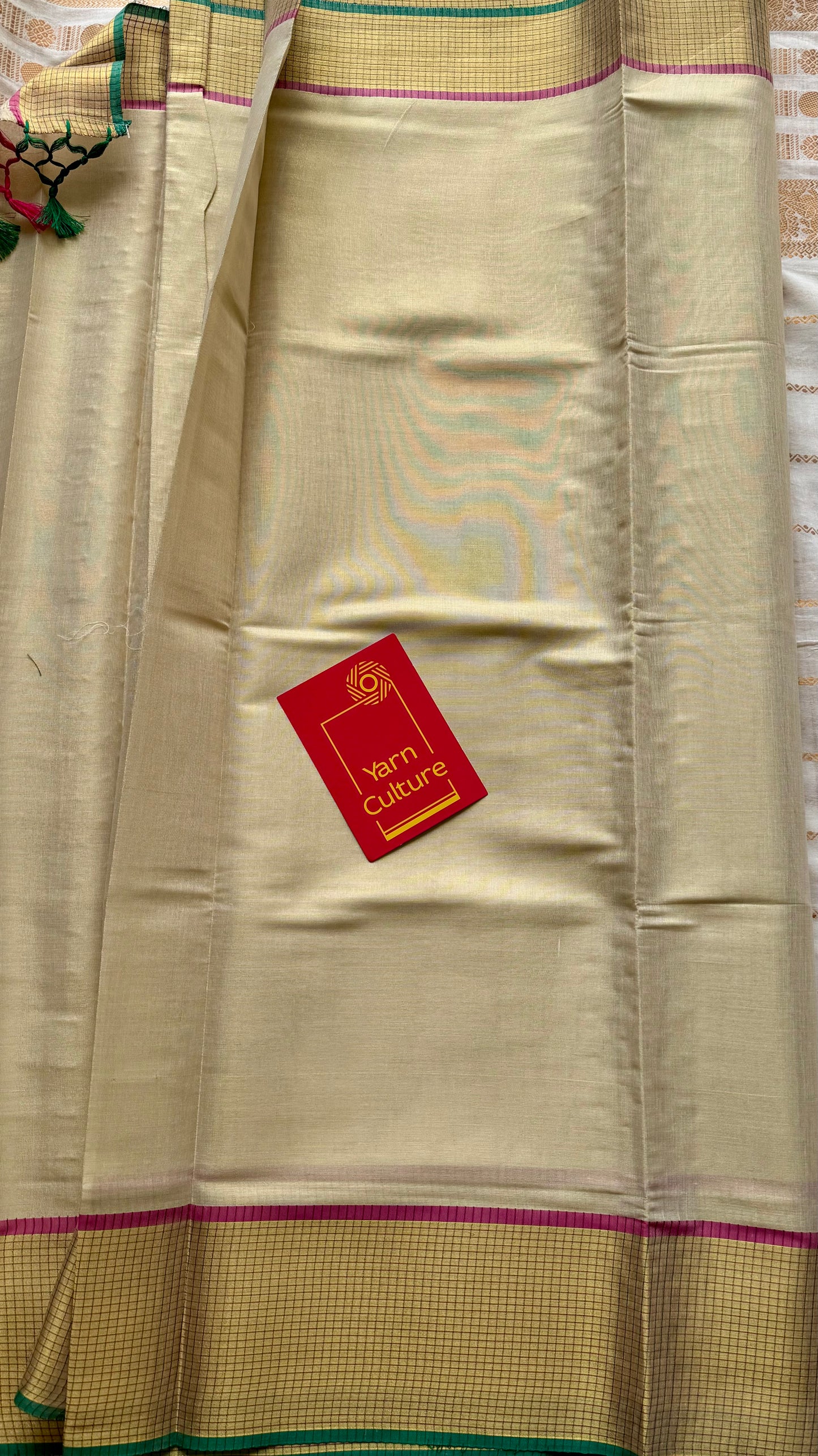 Ivory and gold soft tissue cotton saree, pink and green, checkered border - YCIEON77