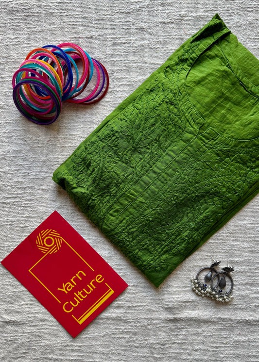 Leaf green muslin chanderi chikankari with bakhiya work, stitched kurta, round neck, three fourth sleeves - YCSECKJA135