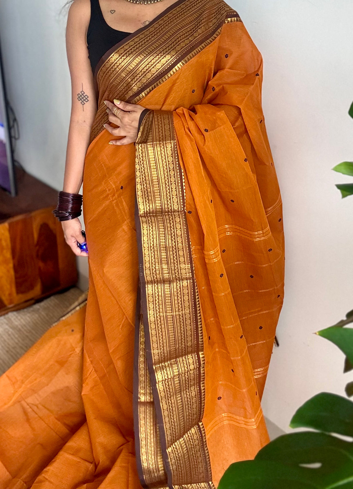 Orange with brown zari border chettinad cotton saree - YCCOTNCKSE16