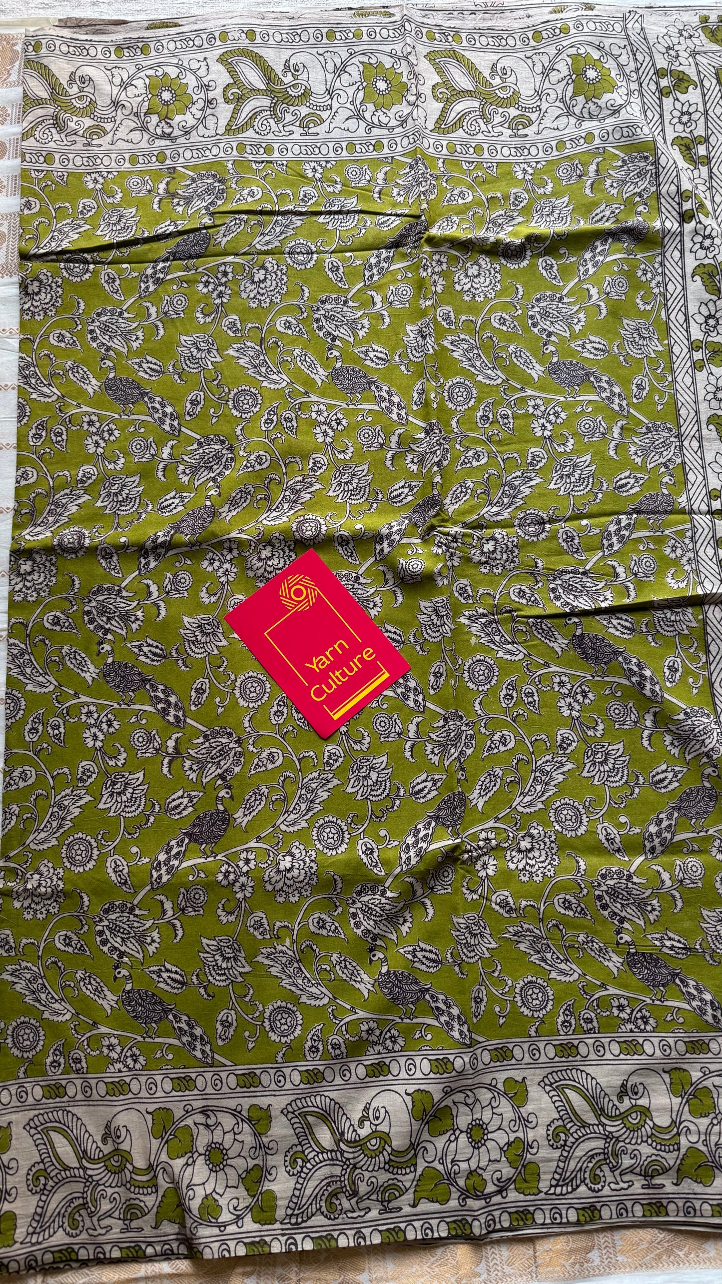 Light green kalamkari saree, floral vines, soft cotton - YCWOTDMA345