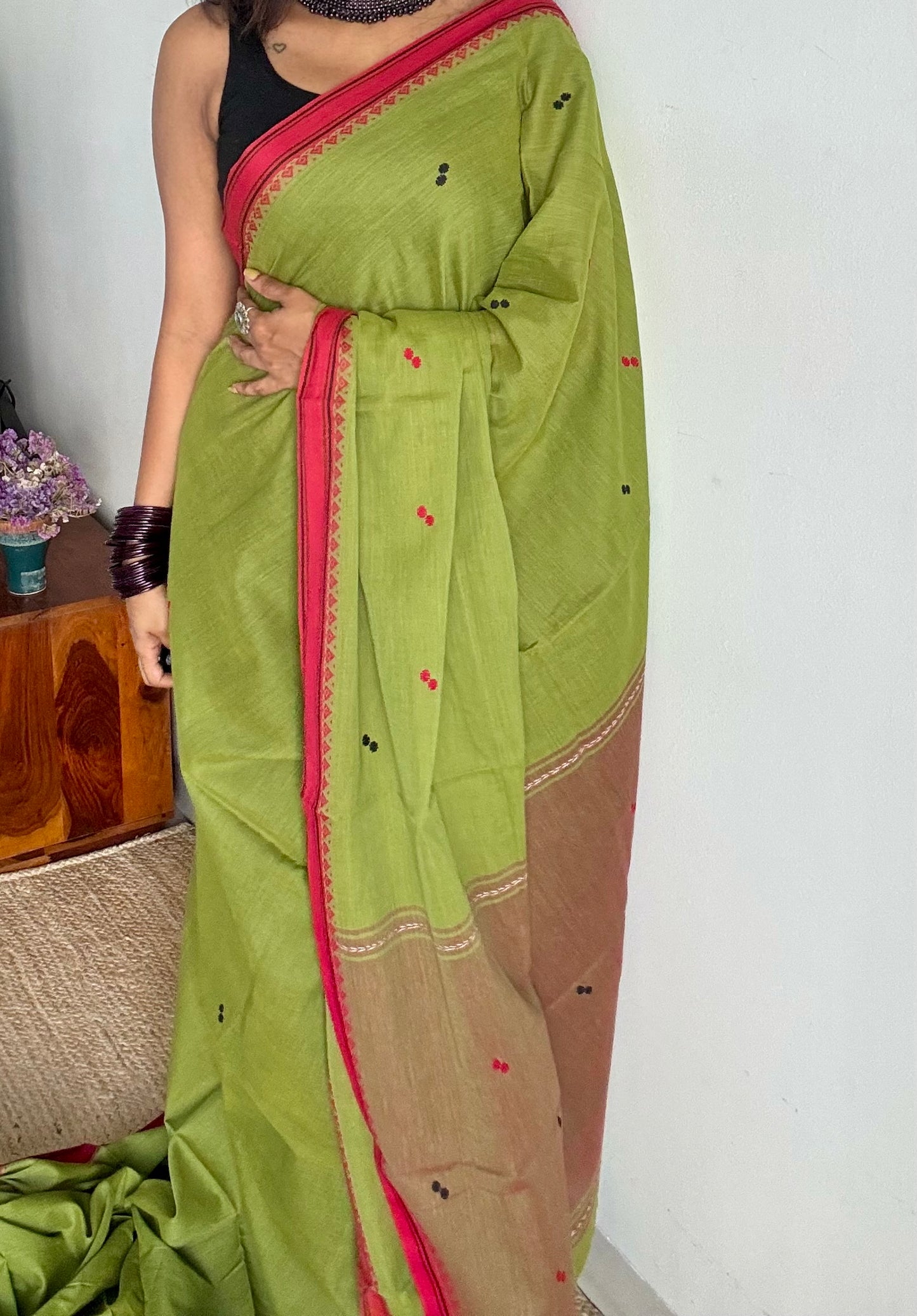 Dhonekhali handloom soft cotton saree,parrot green with red thread border, red and black woven buttas - YCBCDFE260