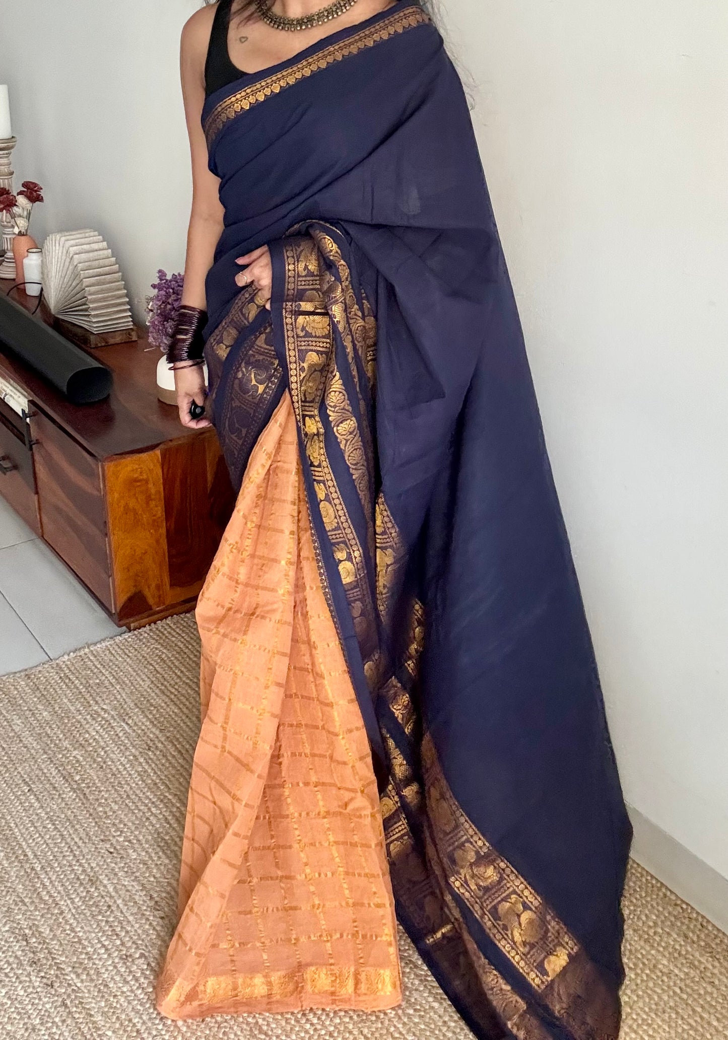 Dark blue with musk, sungudi cotton half-half saree - YCCOTNIDMA318