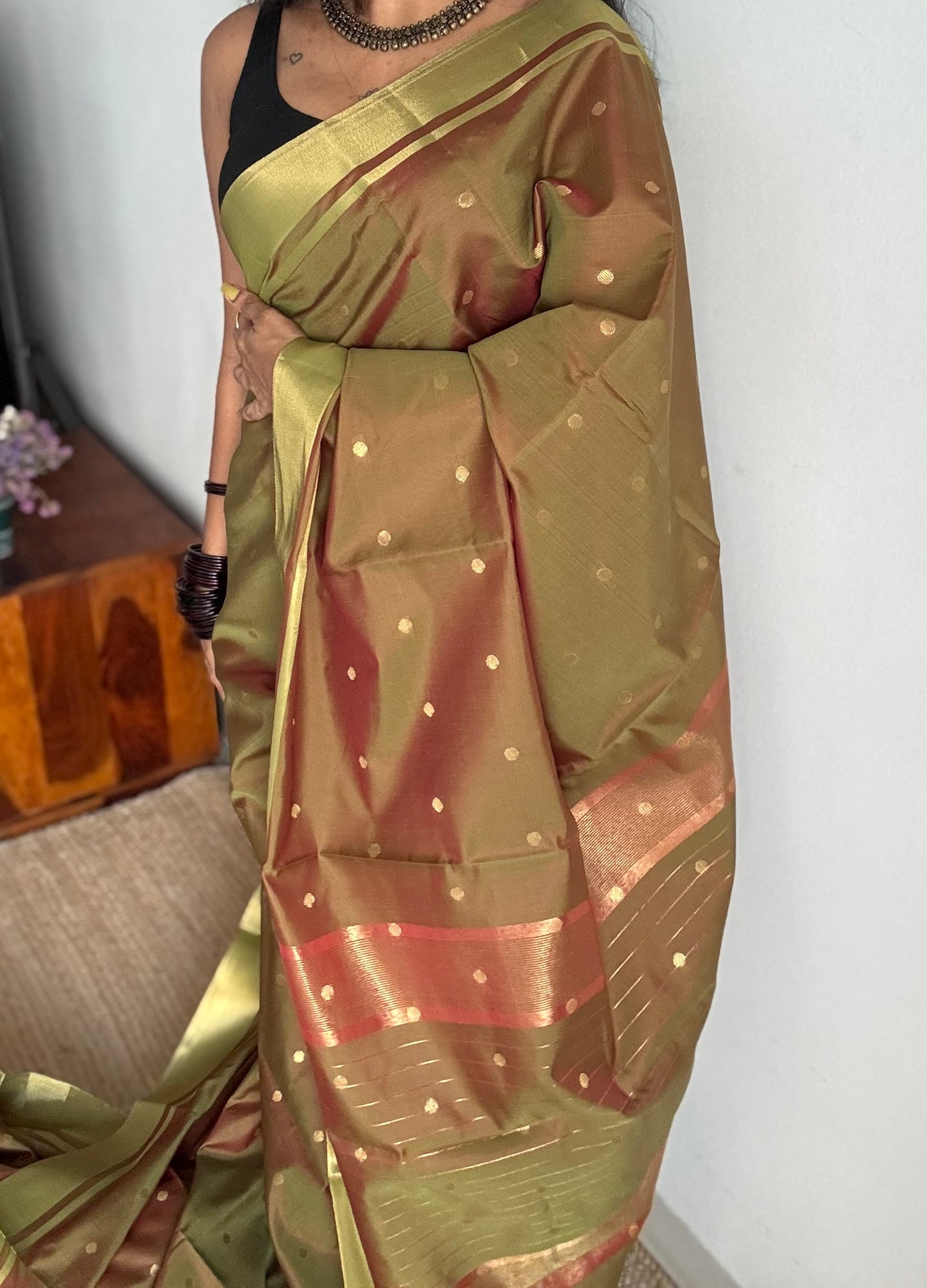 Green brown dual tone with antique gold border & buttas, semi katan silk - YCBLSSJA18