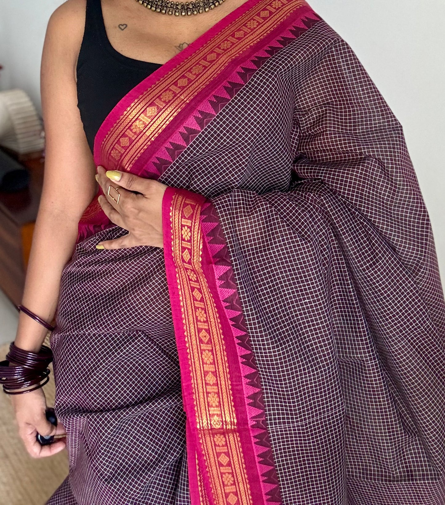 Dark brown with pink contrast, checkered kanchi cotton saree - YCCOTNJU18