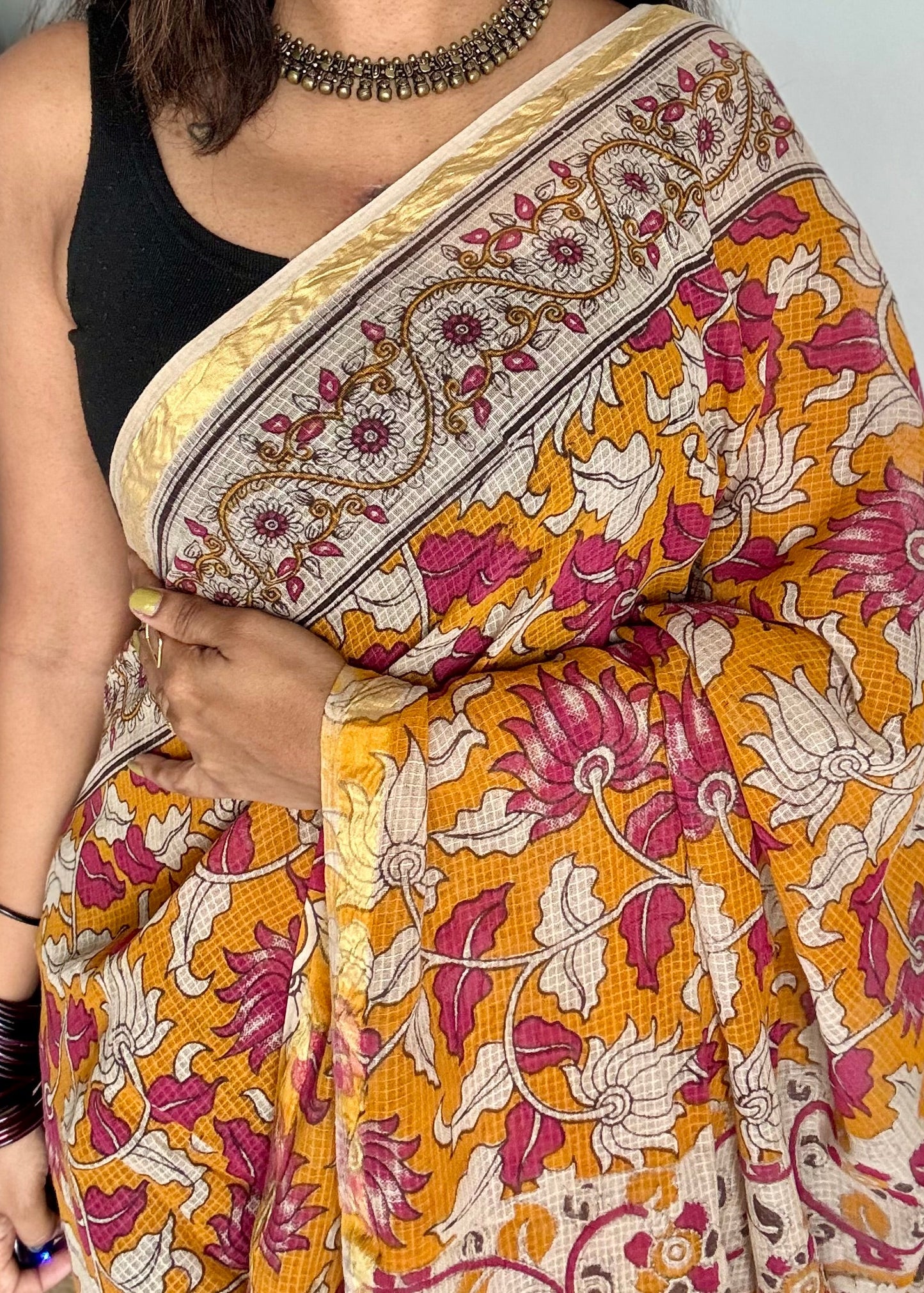 Orange pink kalamkari saree in kota, with zari border - YCWOTDKKFE14